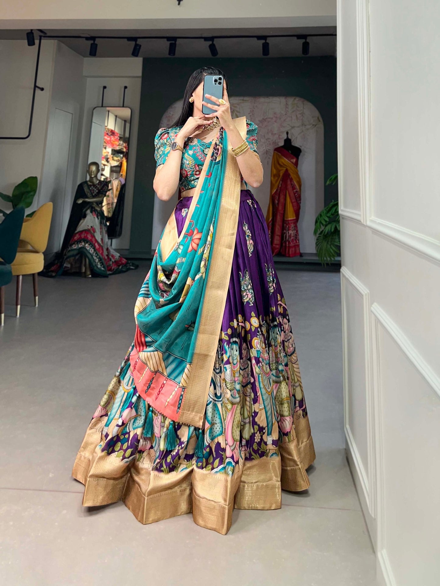 Spectacular Dola Silk Kalamkari Printed Lehenga Choli Set - Ethnicwish