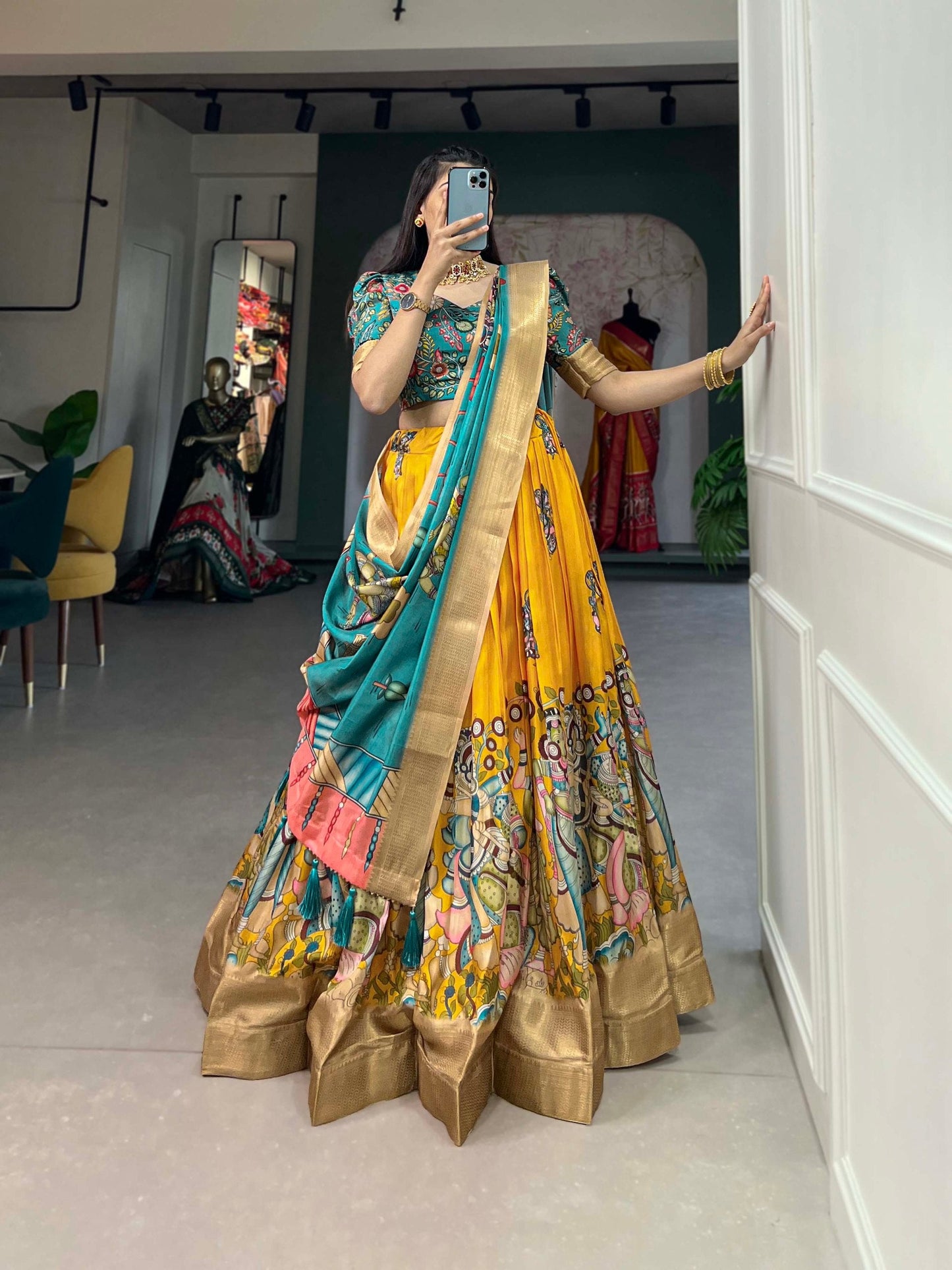 Spectacular Dola Silk Kalamkari Printed Lehenga Choli Set - Ethnicwish