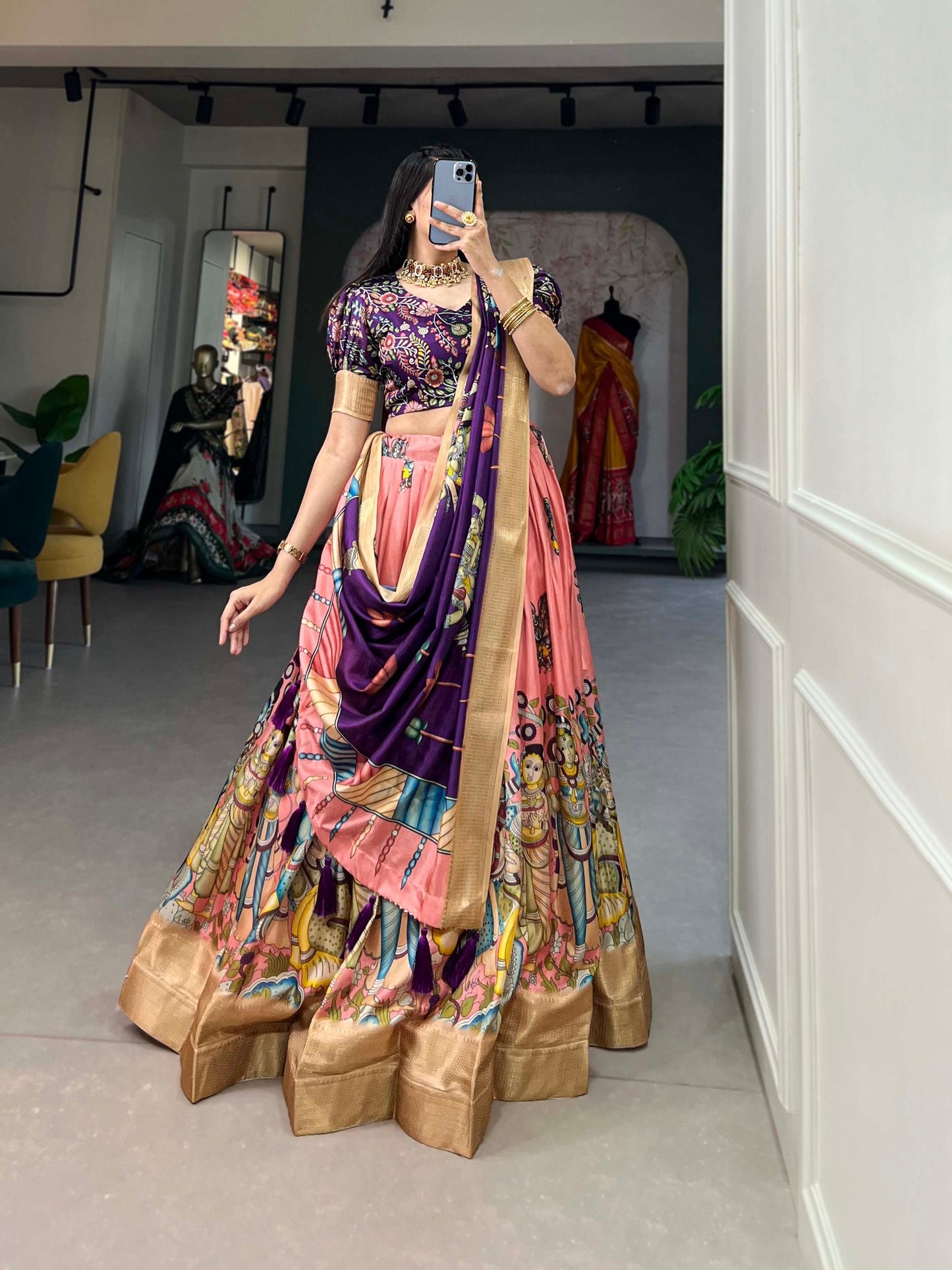 Spectacular Dola Silk Kalamkari Printed Lehenga Choli Set - Ethnicwish