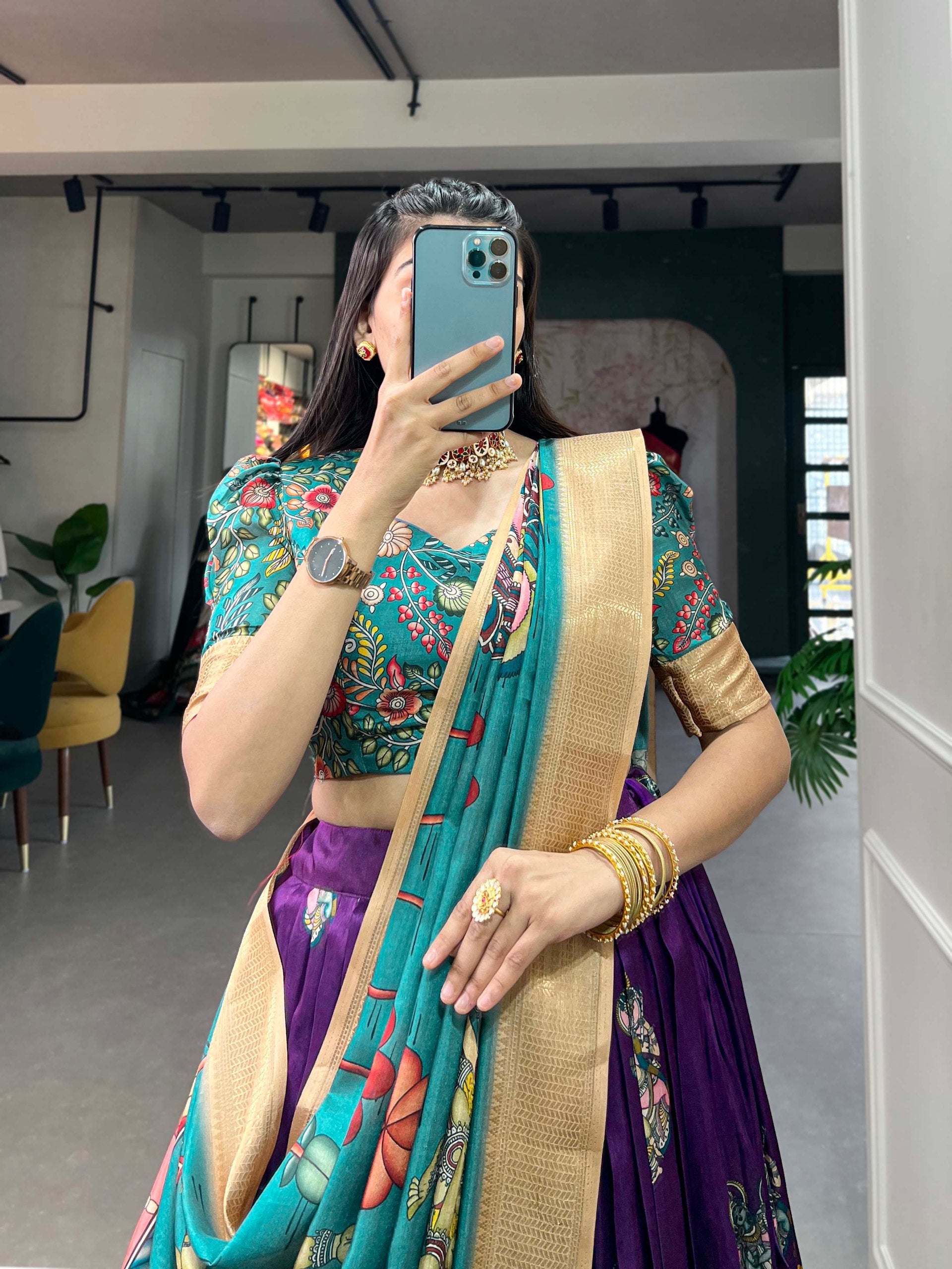 Spectacular Dola Silk Kalamkari Printed Lehenga Choli Set - Ethnicwish