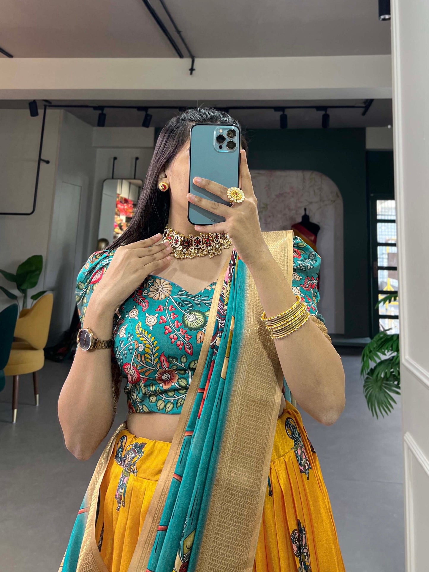 Spectacular Dola Silk Kalamkari Printed Lehenga Choli Set - Ethnicwish