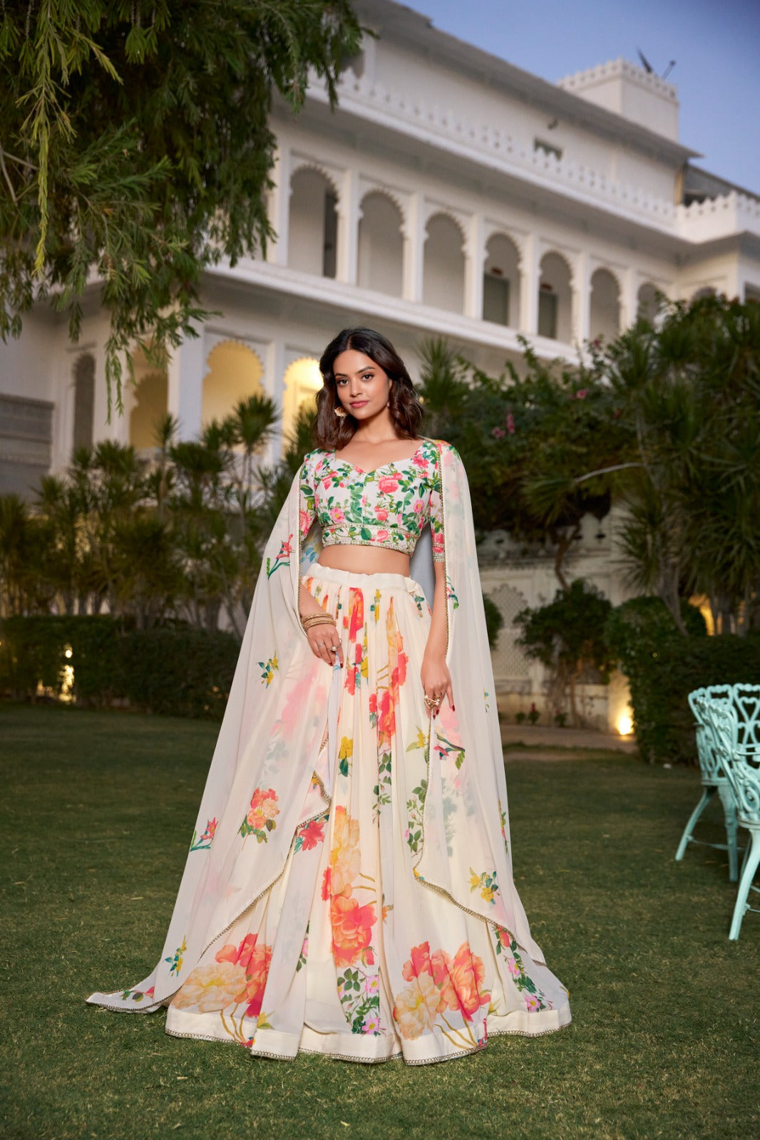 Fetching Cream Georgette Floral Printed Lehenga Choli Set - Ethnicwish