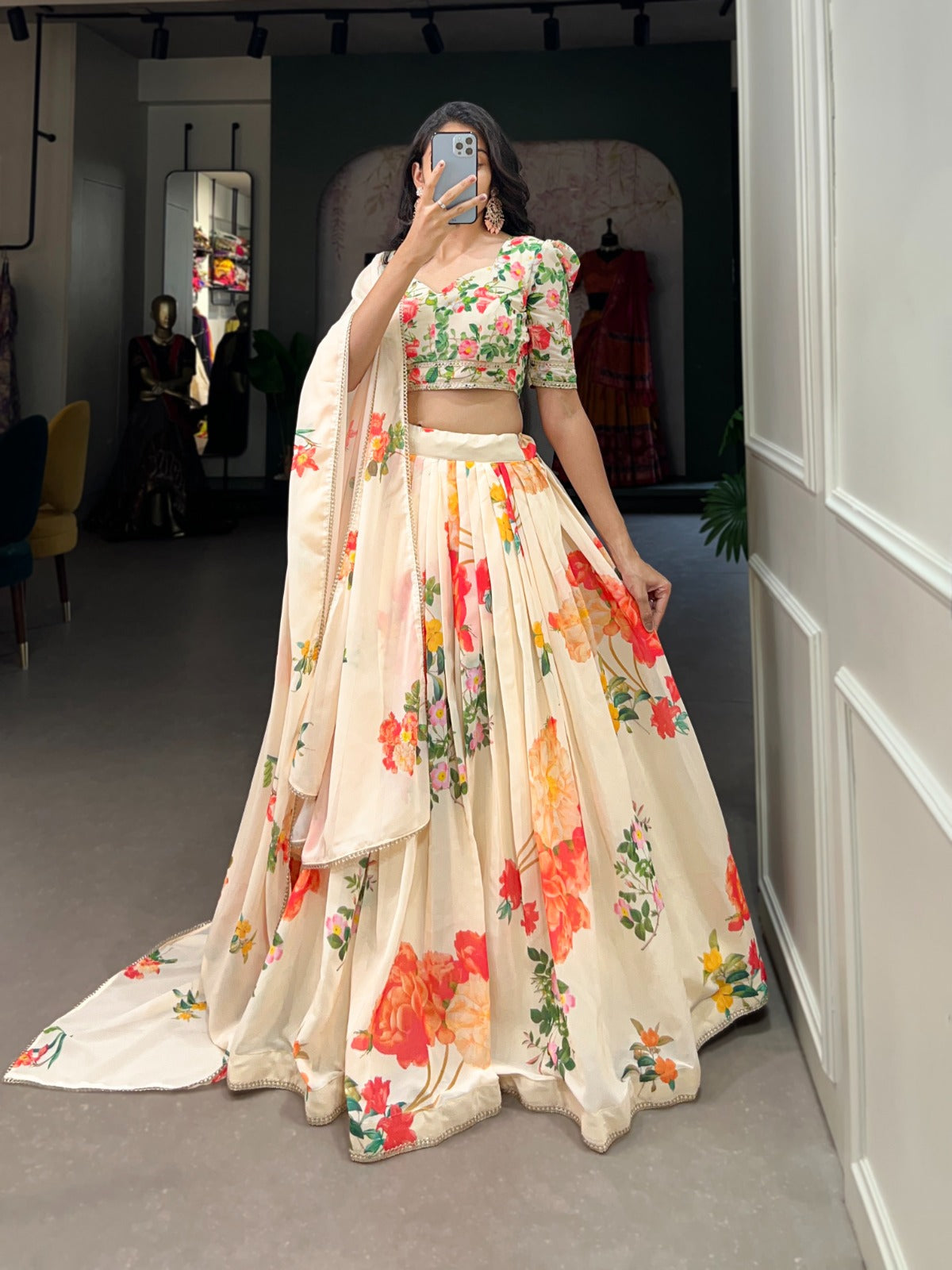 Fetching Cream Georgette Floral Printed Lehenga Choli Set - Ethnicwish