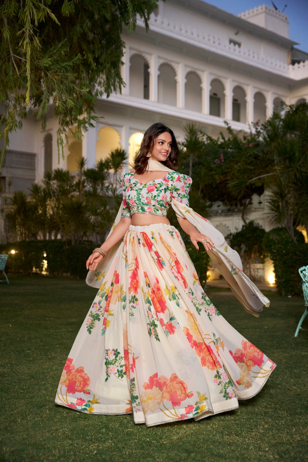 Fetching Cream Georgette Floral Printed Lehenga Choli Set - Ethnicwish