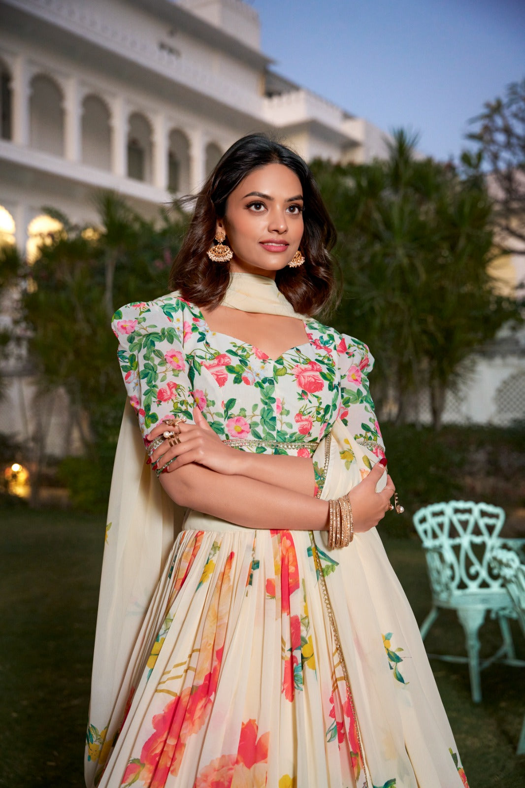 Fetching Cream Georgette Floral Printed Lehenga Choli Set - Ethnicwish