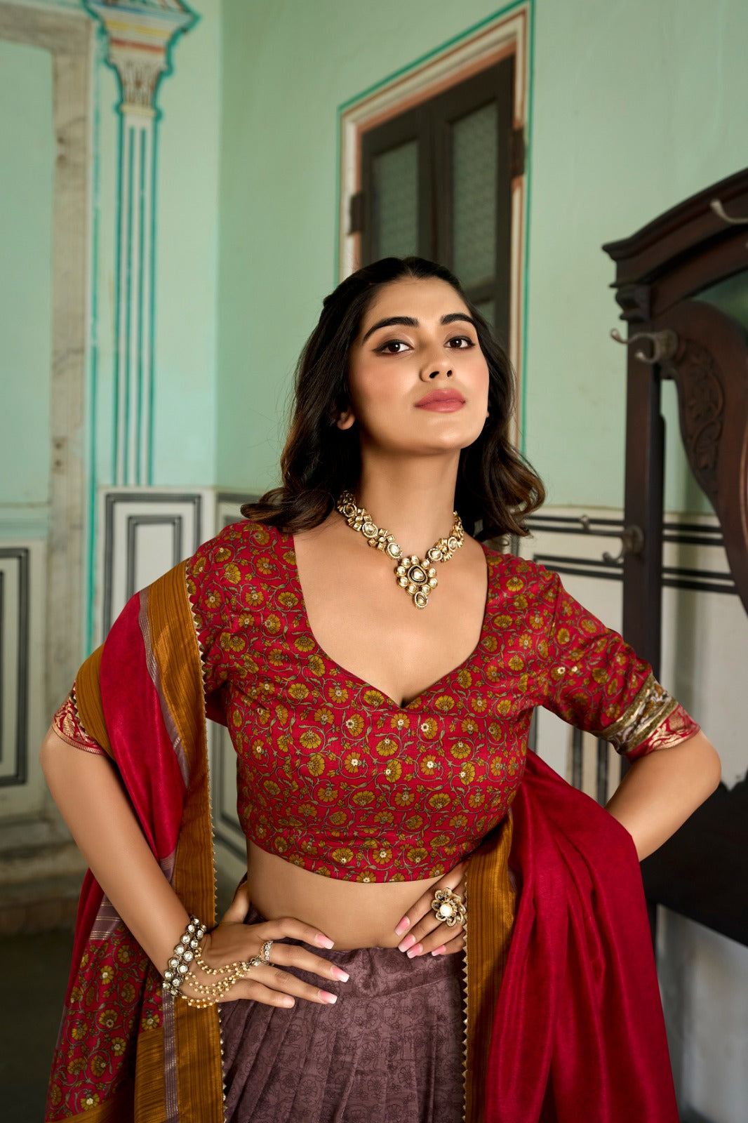 Chic Onion Tussar Silk Kashmiri Printed Lehenga Choli Set - Ethnicwish