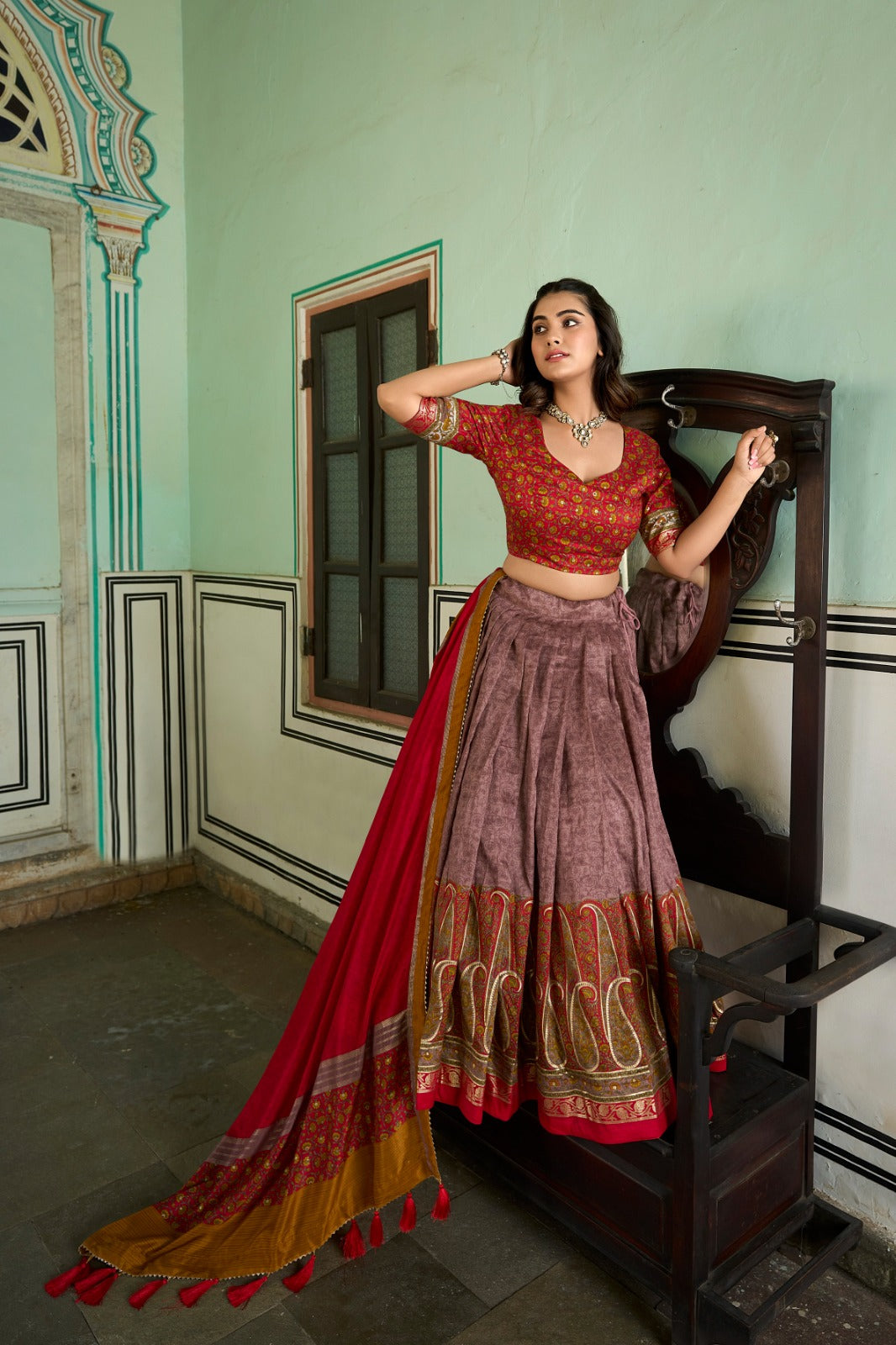 Chic Onion Tussar Silk Kashmiri Printed Lehenga Choli Set - Ethnicwish