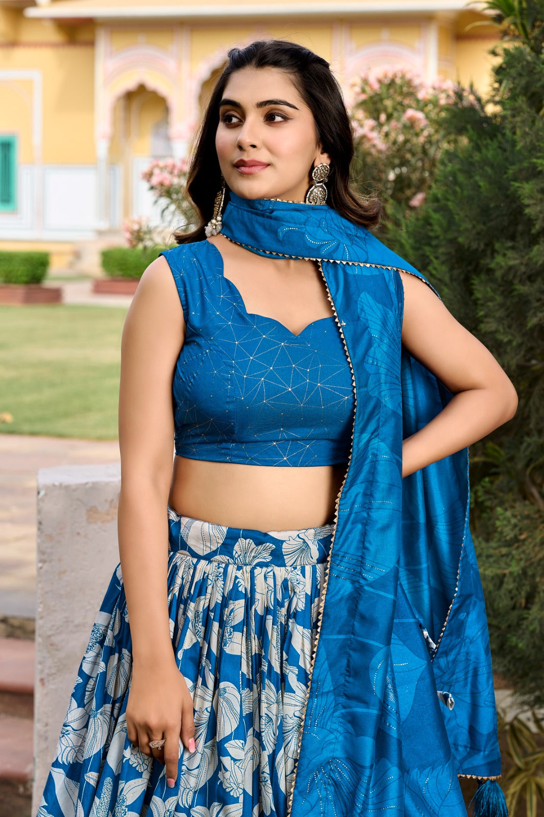 Comely Royal Blue Tussar Silk Floral Printed Lehenga Choli Set - Ethnicwish