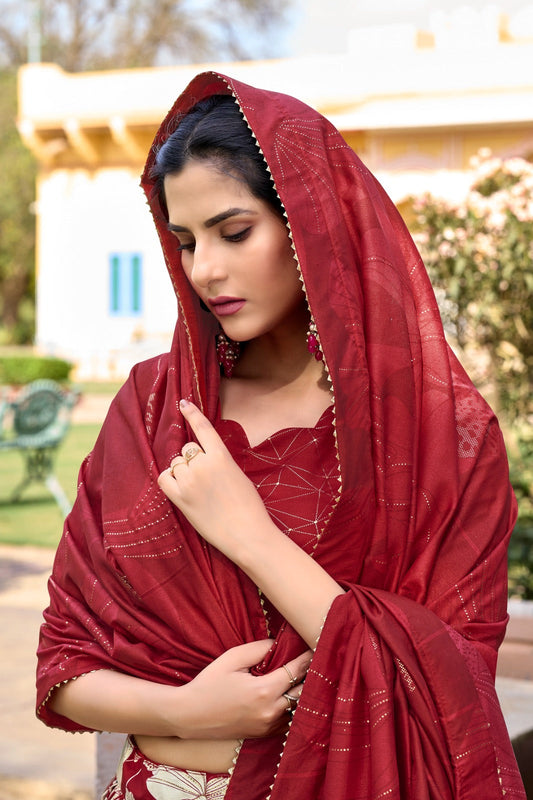 Radiant Red Tussar Silk Floral Printed Lehenga Choli Set - Ethnicwish