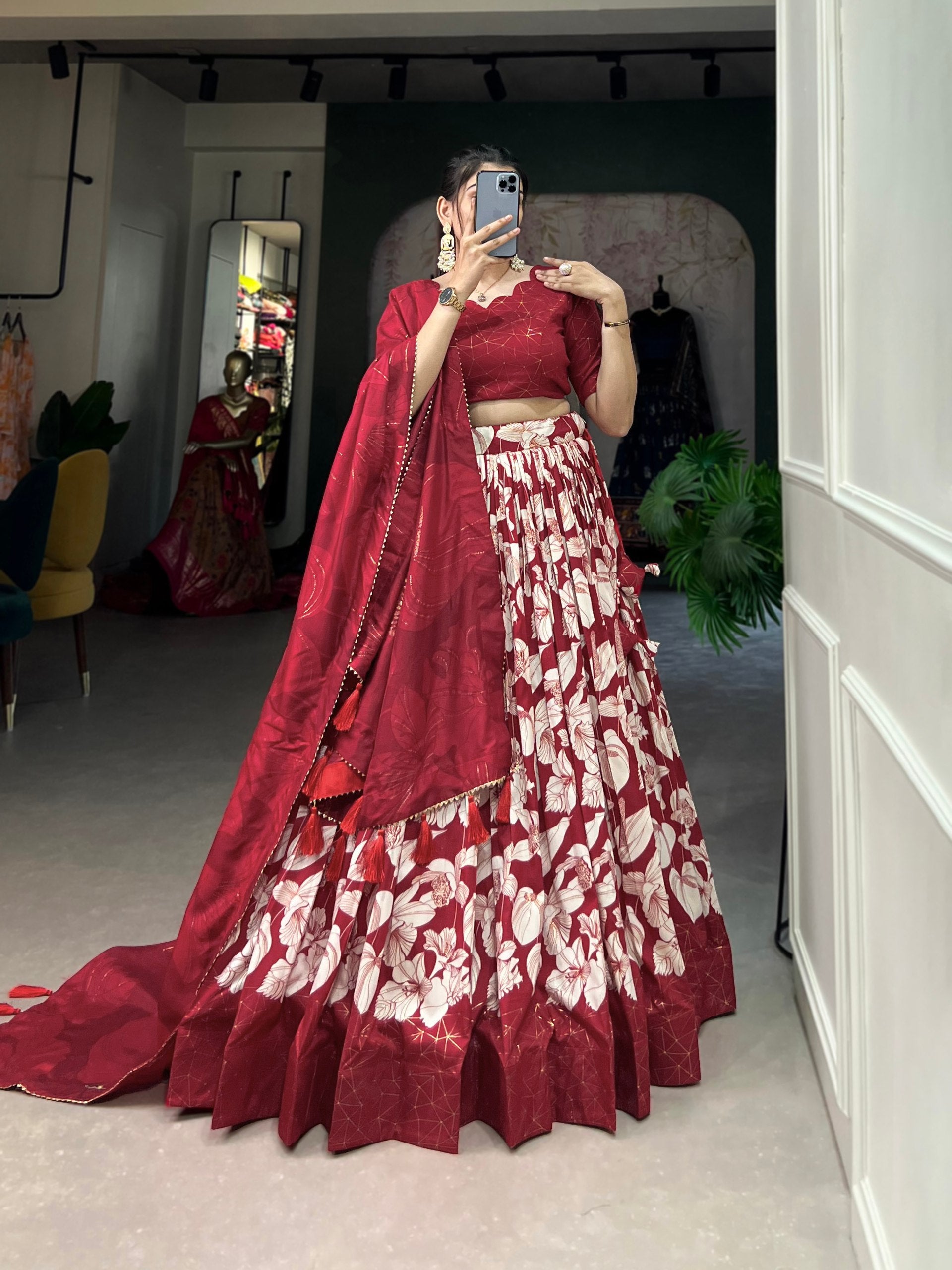 Radiant Red Tussar Silk Floral Printed Lehenga Choli Set - Ethnicwish