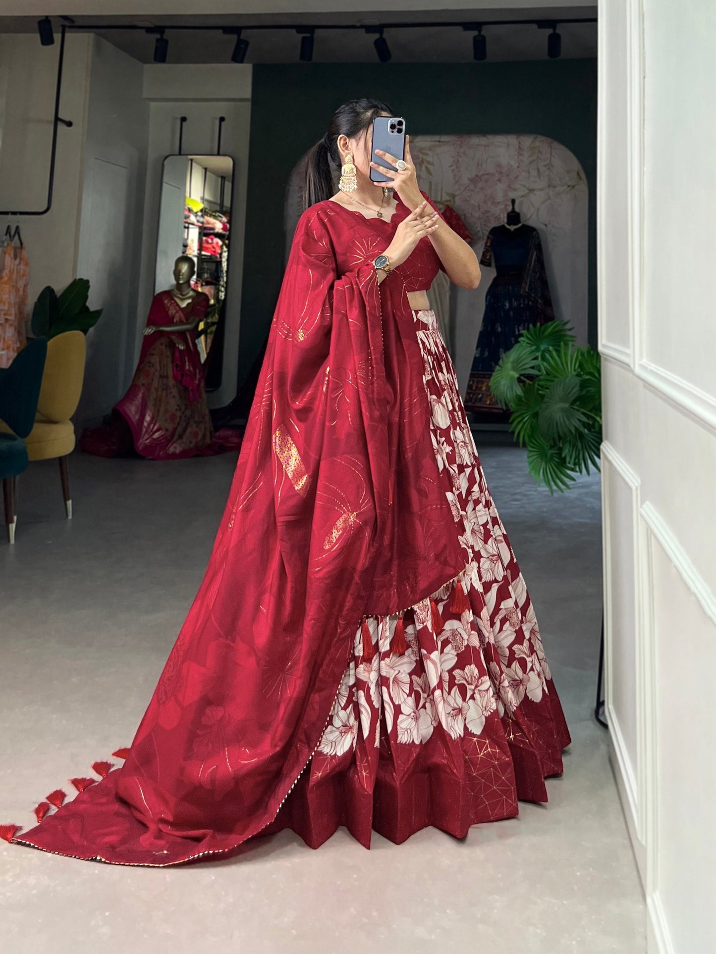 Radiant Red Tussar Silk Floral Printed Lehenga Choli Set - Ethnicwish
