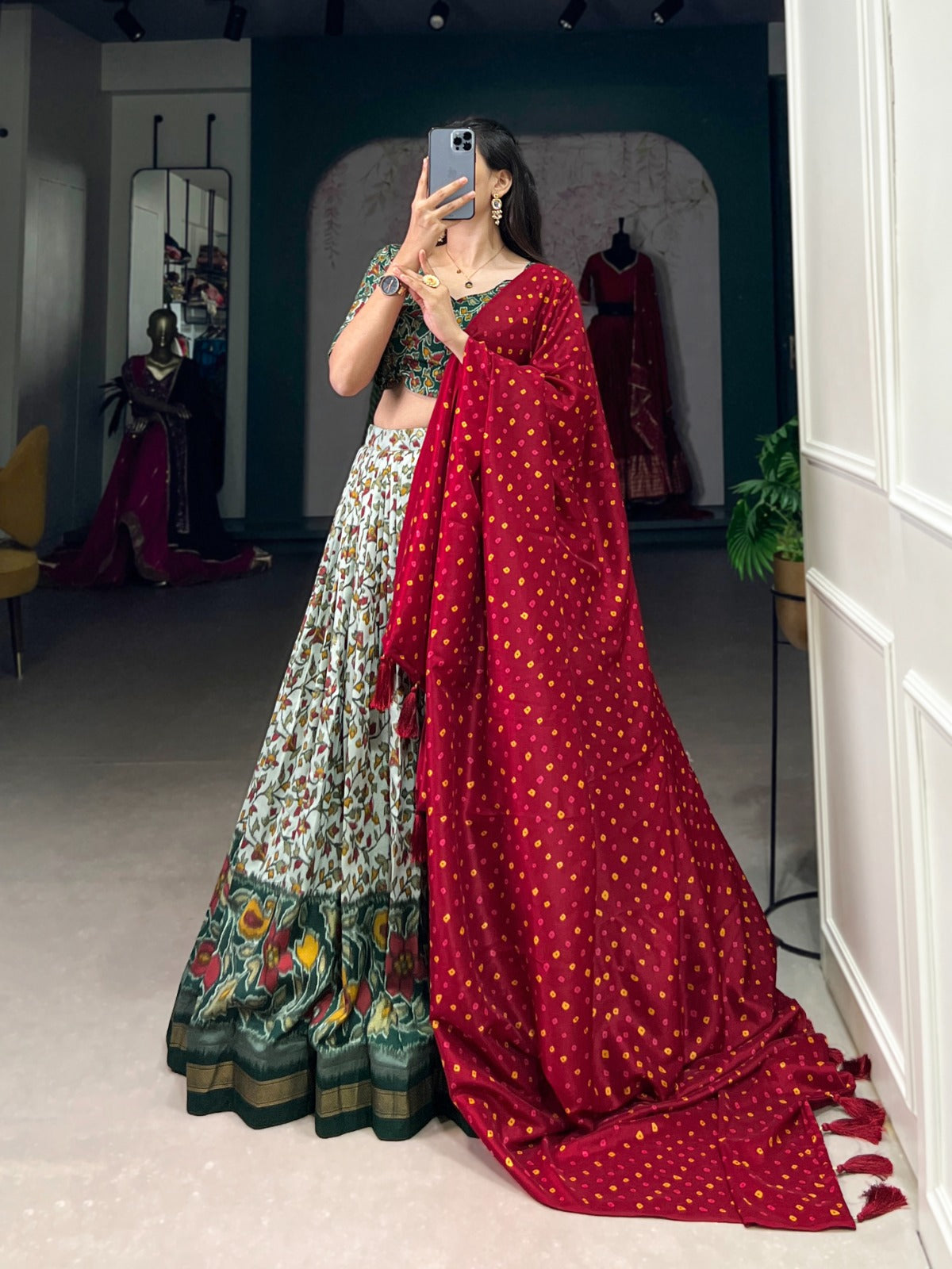 Luminous Green Tussar Silk Floral Printed Lehenga Choli - Ethnicwish