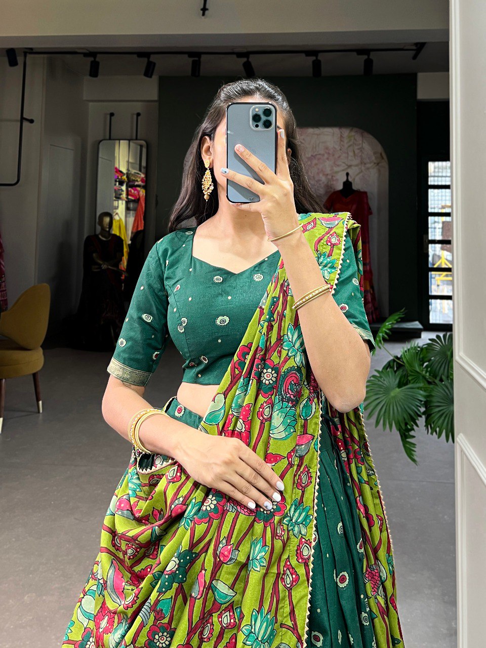 Stunning Tussar Silk Kalamkari Printed Foil Worked Lehenga Choli - Ethnicwish