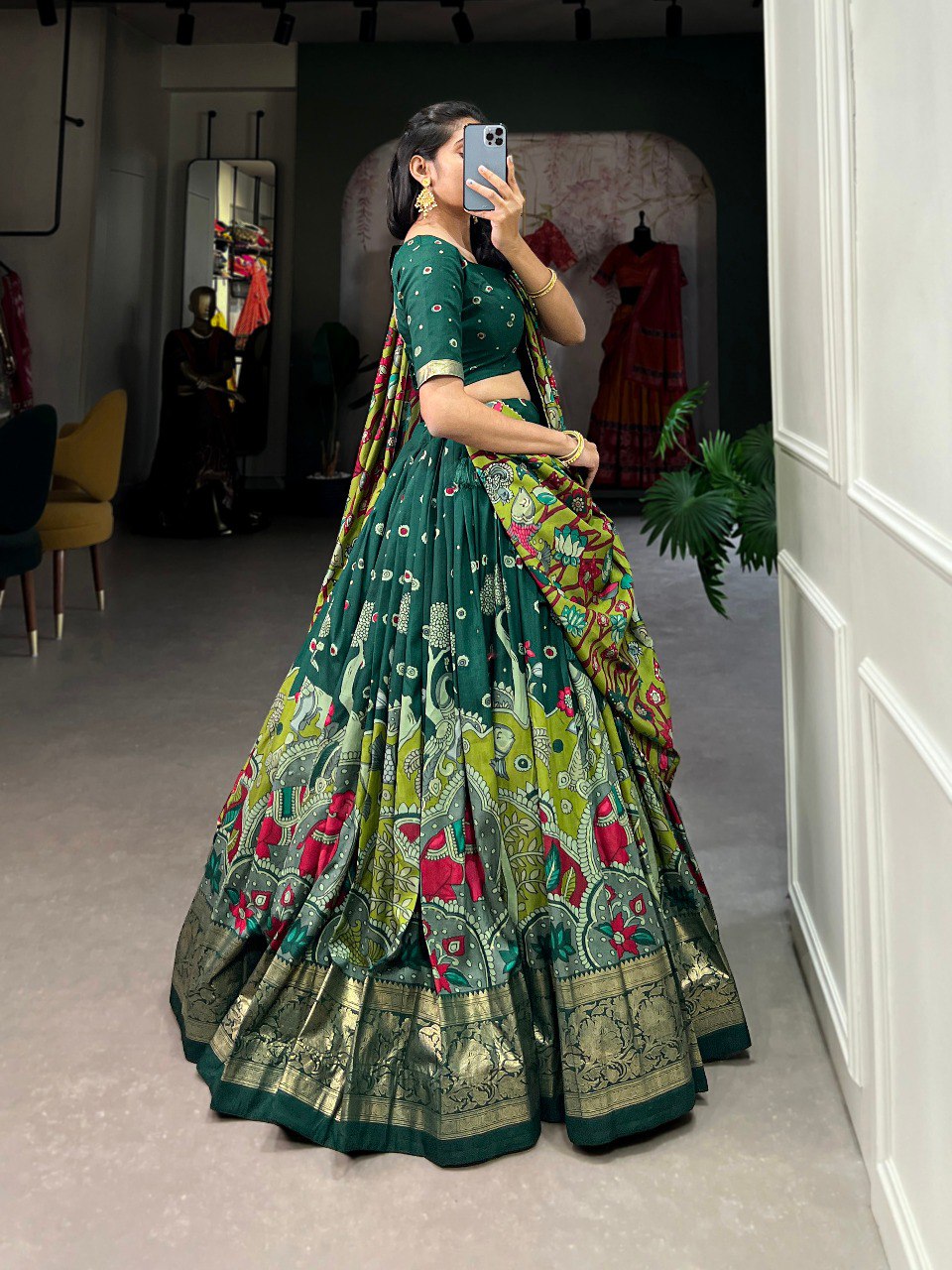 Stunning Tussar Silk Kalamkari Printed Foil Worked Lehenga Choli - Ethnicwish