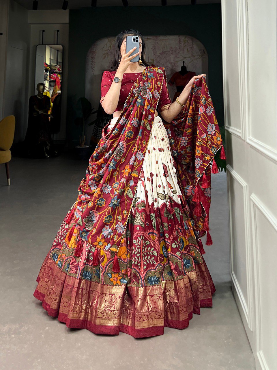 Stunning Tussar Silk Kalamkari Printed Foil Worked Lehenga Choli - Ethnicwish