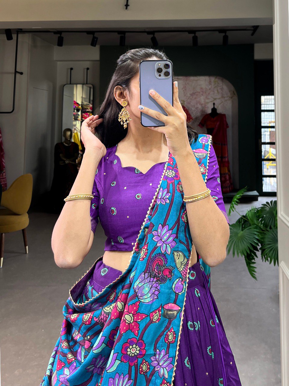 Stunning Tussar Silk Kalamkari Printed Foil Worked Lehenga Choli - Ethnicwish