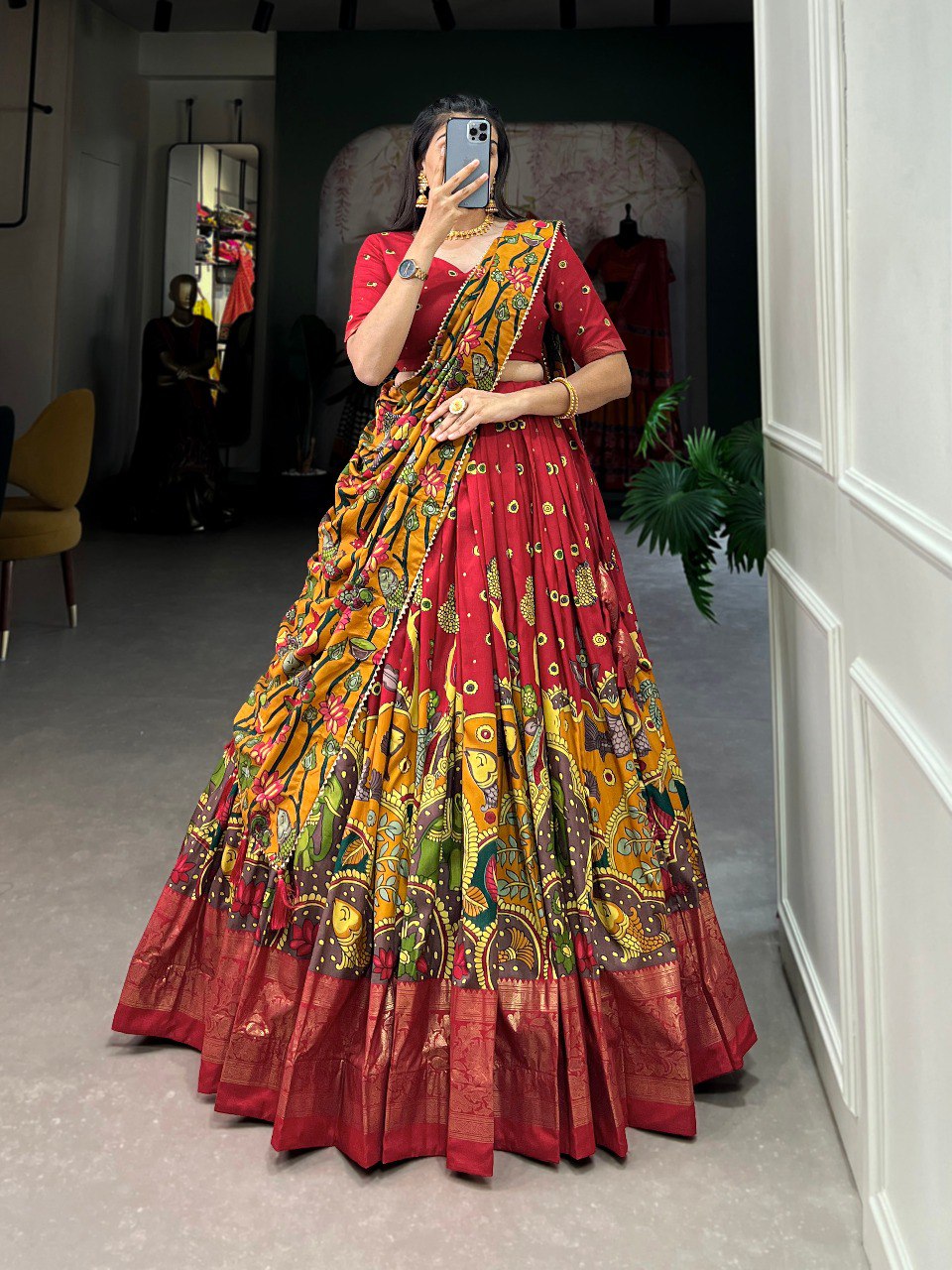 Stunning Tussar Silk Kalamkari Printed Foil Worked Lehenga Choli - Ethnicwish
