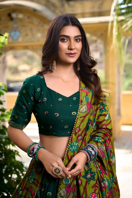 Stunning Tussar Silk Kalamkari Printed Foil Worked Lehenga Choli - Ethnicwish
