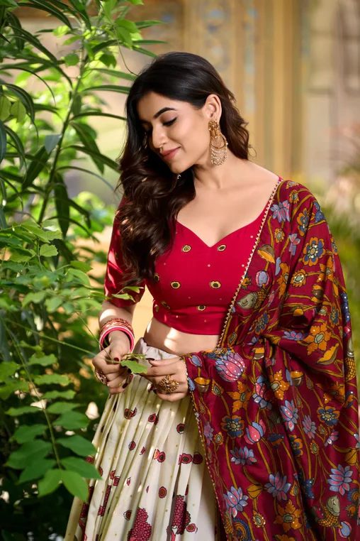 Stunning Tussar Silk Kalamkari Printed Foil Worked Lehenga Choli - Ethnicwish