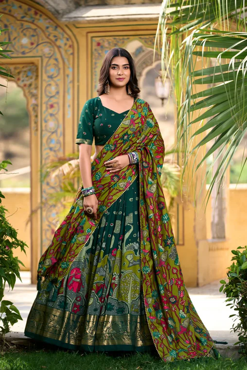 Stunning Tussar Silk Kalamkari Printed Foil Worked Lehenga Choli - Ethnicwish