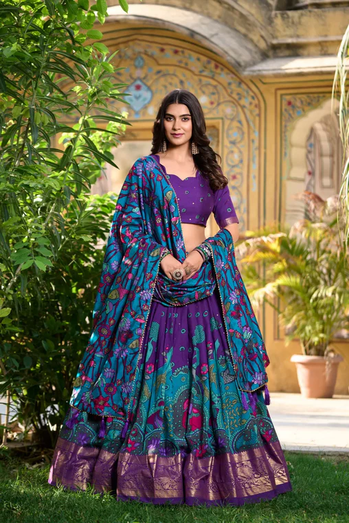 Stunning Tussar Silk Kalamkari Printed Foil Worked Lehenga Choli - Ethnicwish