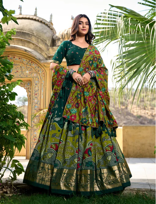 Stunning Tussar Silk Kalamkari Printed Foil Worked Lehenga Choli - Ethnicwish