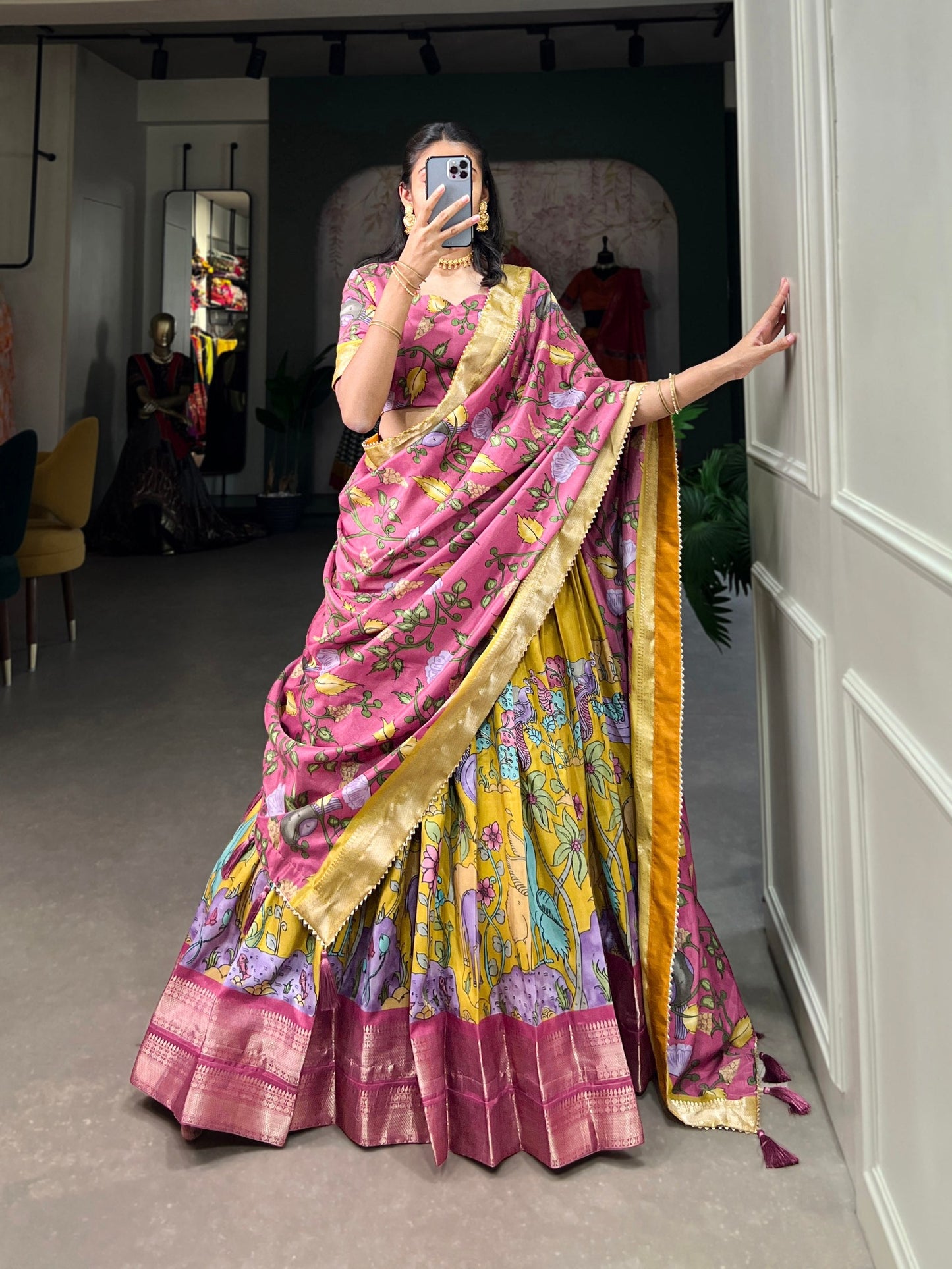 Fascinating Dola Silk Kalamkari Printed Lehenga Choli Set - Ethnicwish