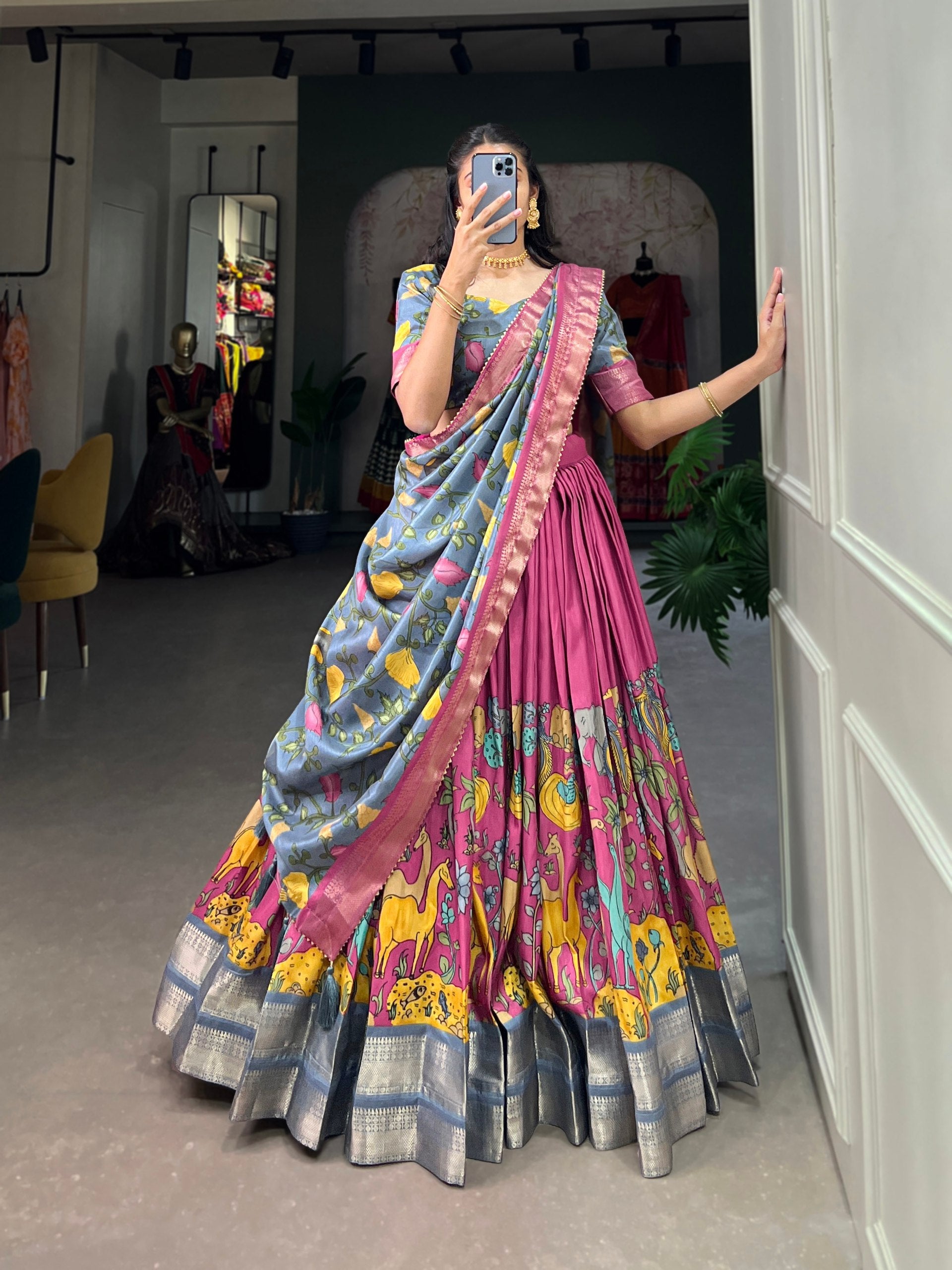 Fascinating Dola Silk Kalamkari Printed Lehenga Choli Set - Ethnicwish