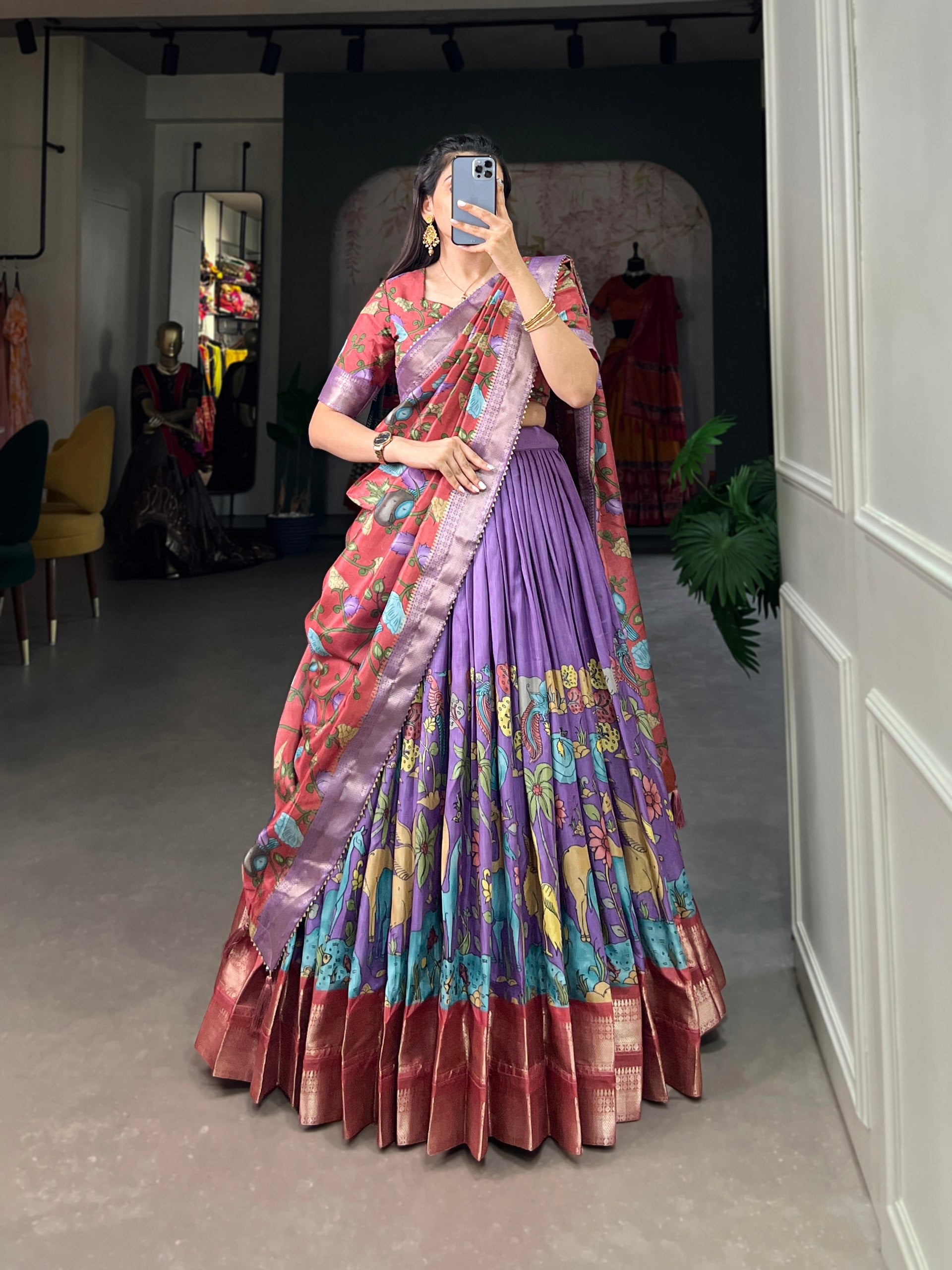 Fascinating Dola Silk Kalamkari Printed Lehenga Choli Set - Ethnicwish