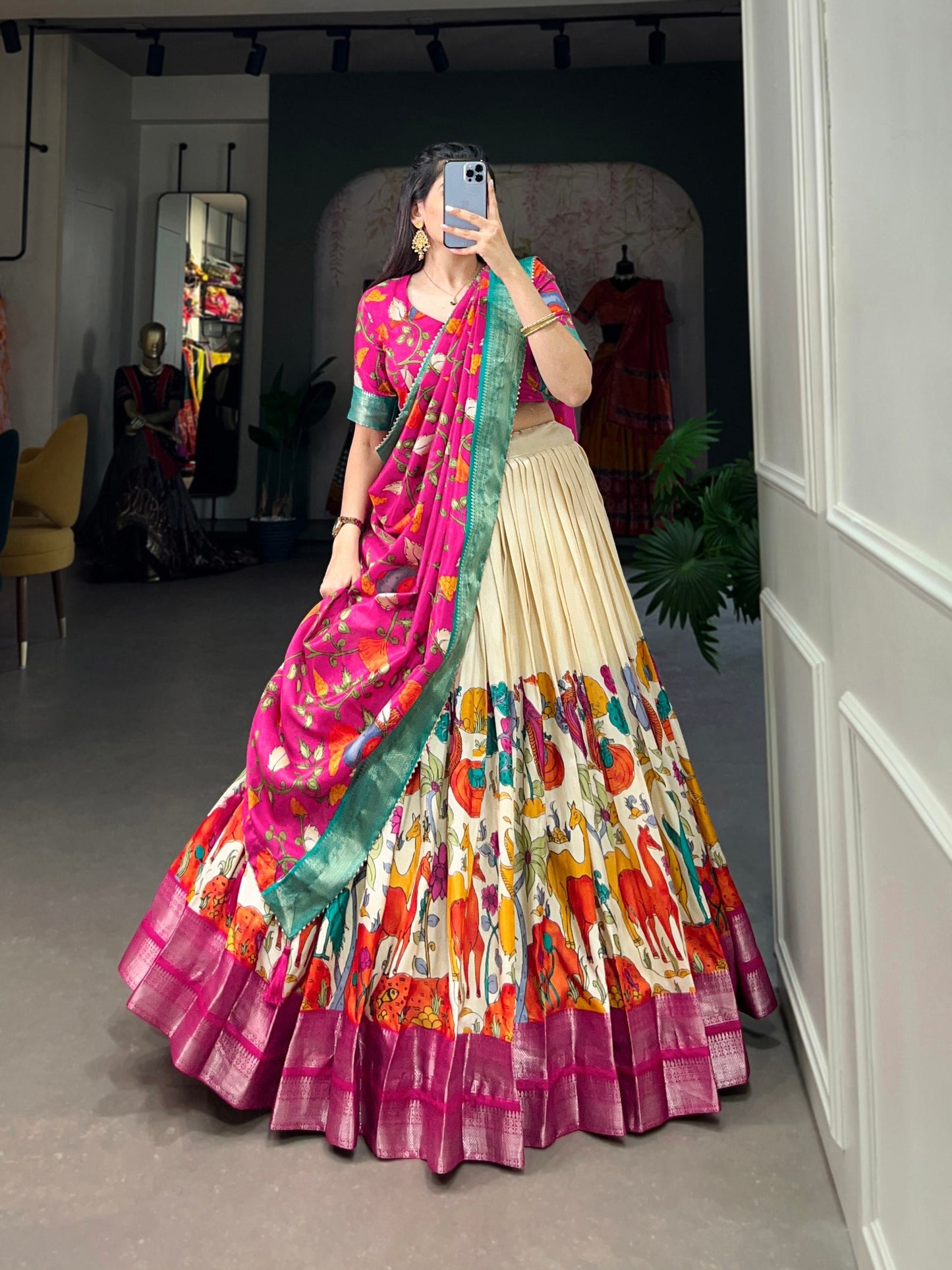 Fascinating Dola Silk Kalamkari Printed Lehenga Choli Set - Ethnicwish