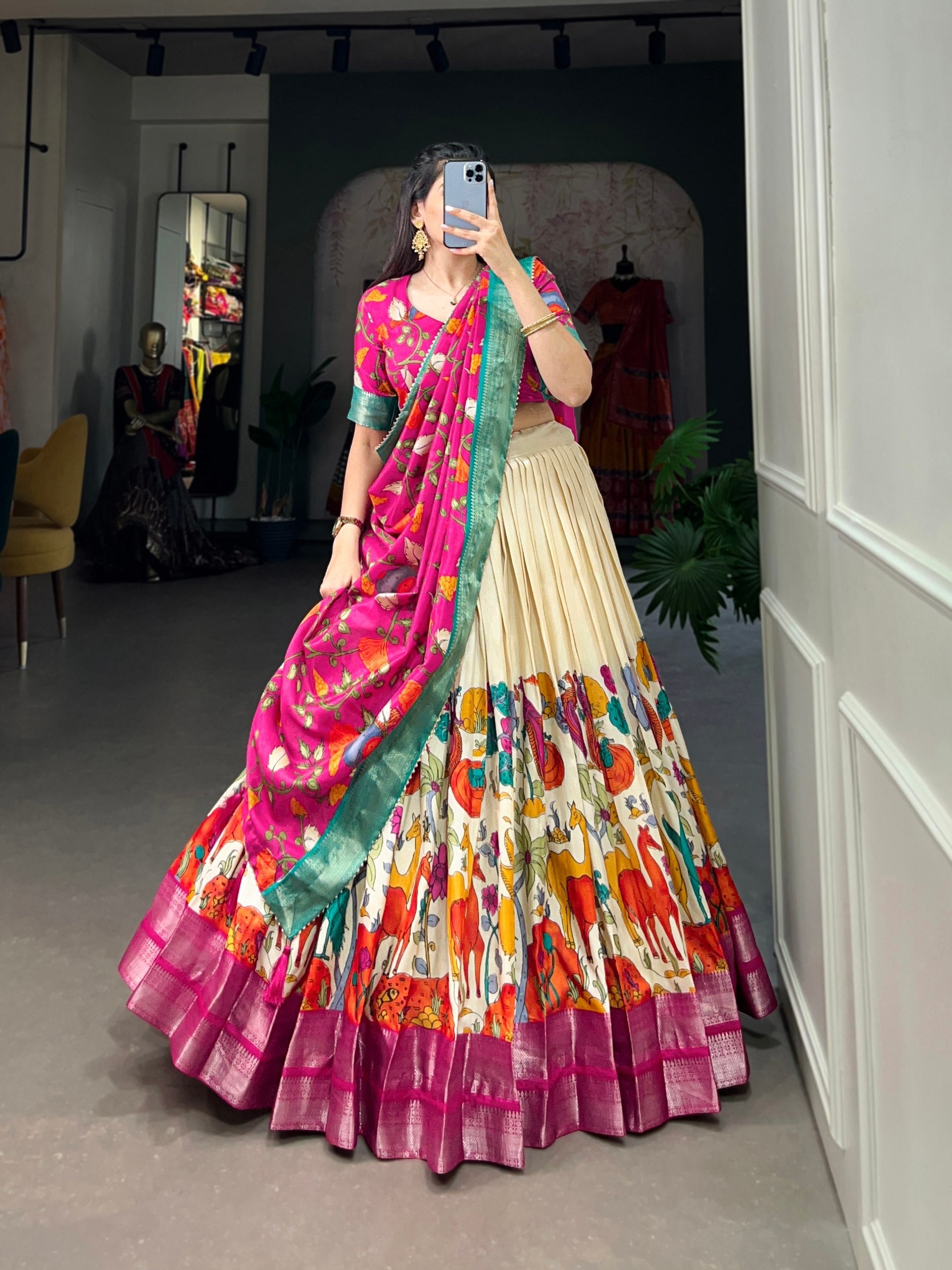 Fascinating Dola Silk Kalamkari Printed Lehenga Choli Set - Ethnicwish