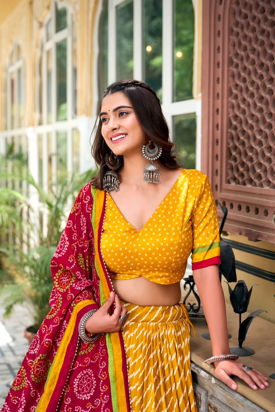 Leheriya With Patola Printed Tussar Silk  Lehenga Choli Set - Ethnicwish