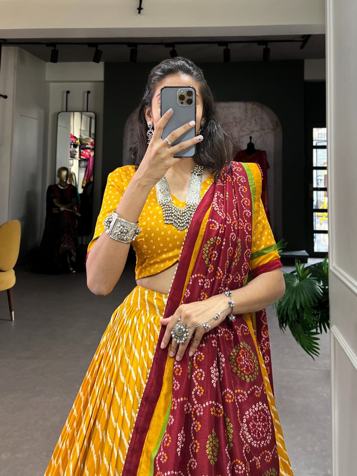 Leheriya With Patola Printed Tussar Silk  Lehenga Choli Set - Ethnicwish