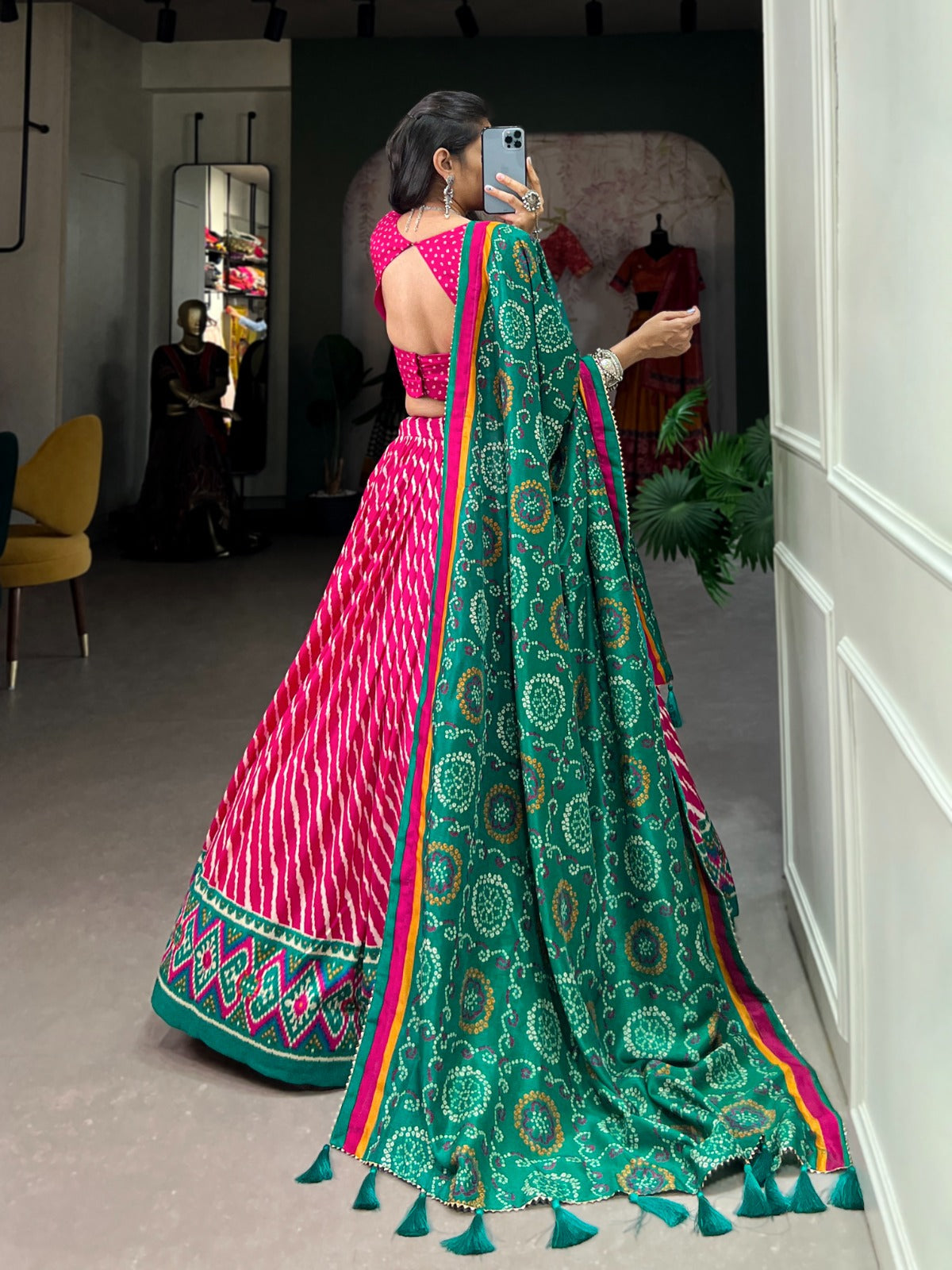 Leheriya With Patola Printed Tussar Silk  Lehenga Choli Set - Ethnicwish