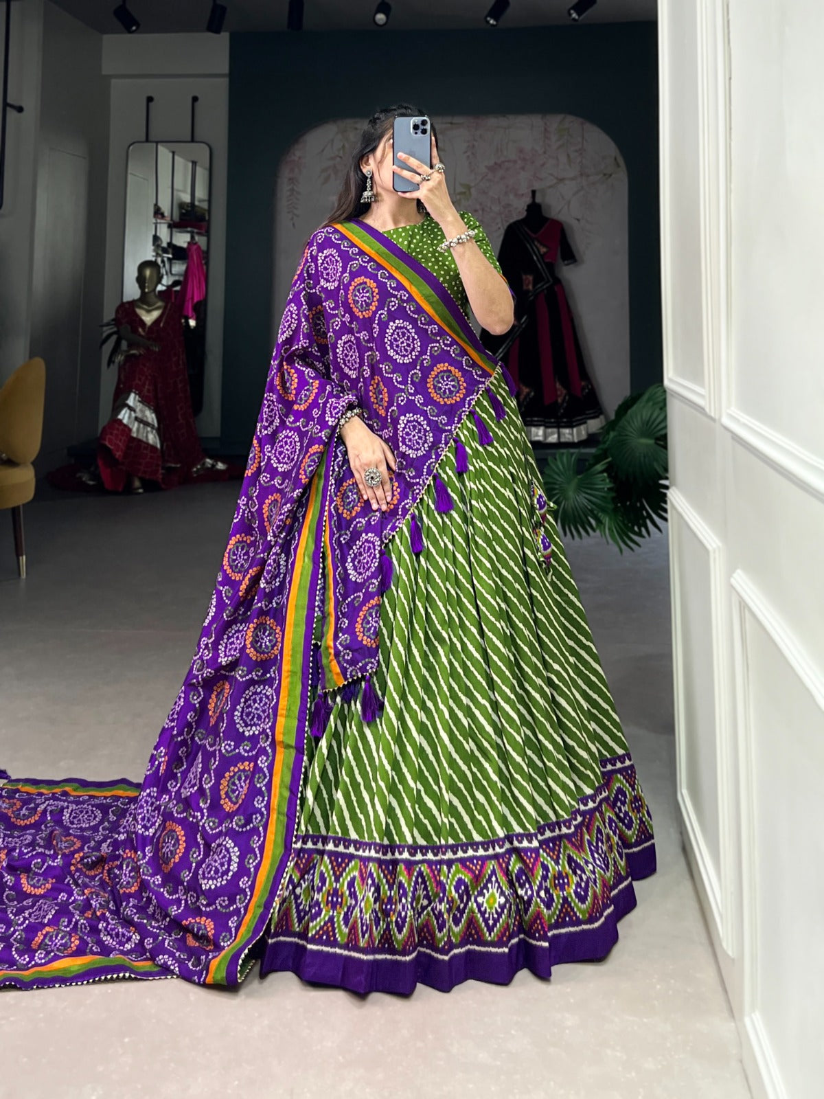 Leheriya With Patola Printed Tussar Silk  Lehenga Choli Set - Ethnicwish
