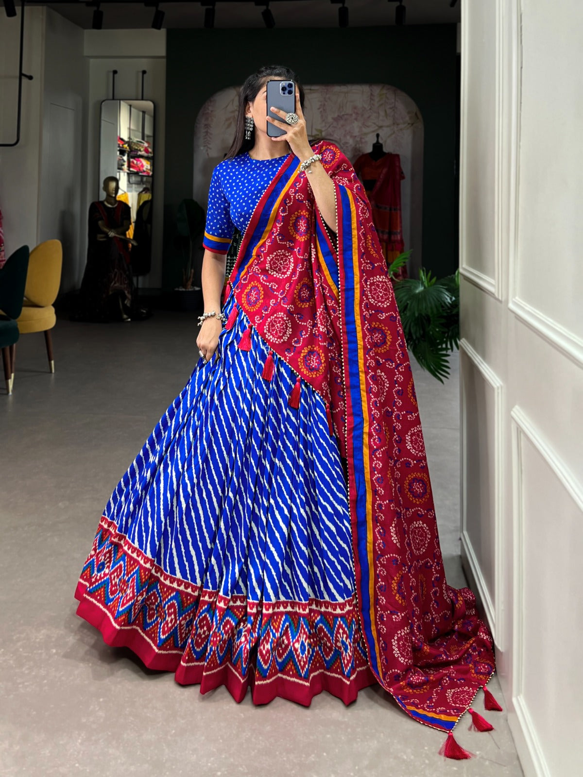 Leheriya With Patola Printed Tussar Silk  Lehenga Choli Set - Ethnicwish