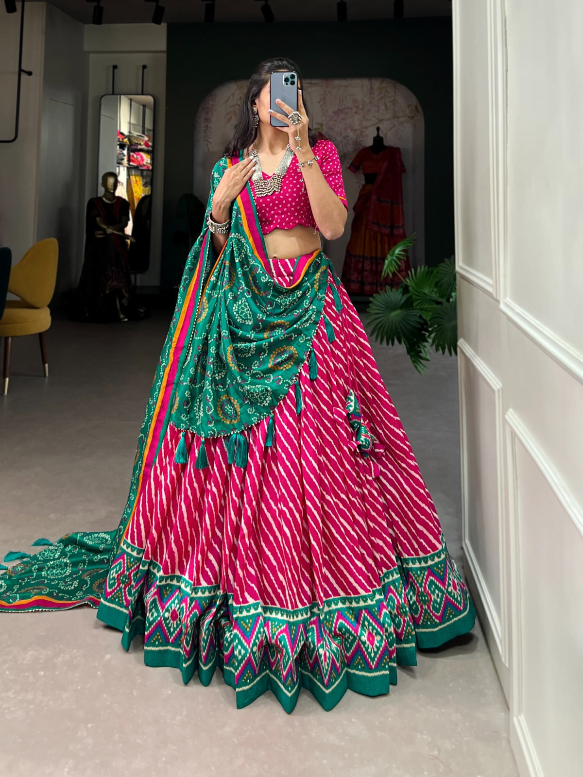 Leheriya With Patola Printed Tussar Silk  Lehenga Choli Set - Ethnicwish