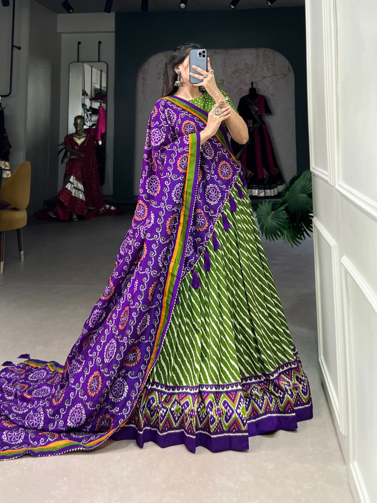 Leheriya With Patola Printed Tussar Silk  Lehenga Choli Set - Ethnicwish