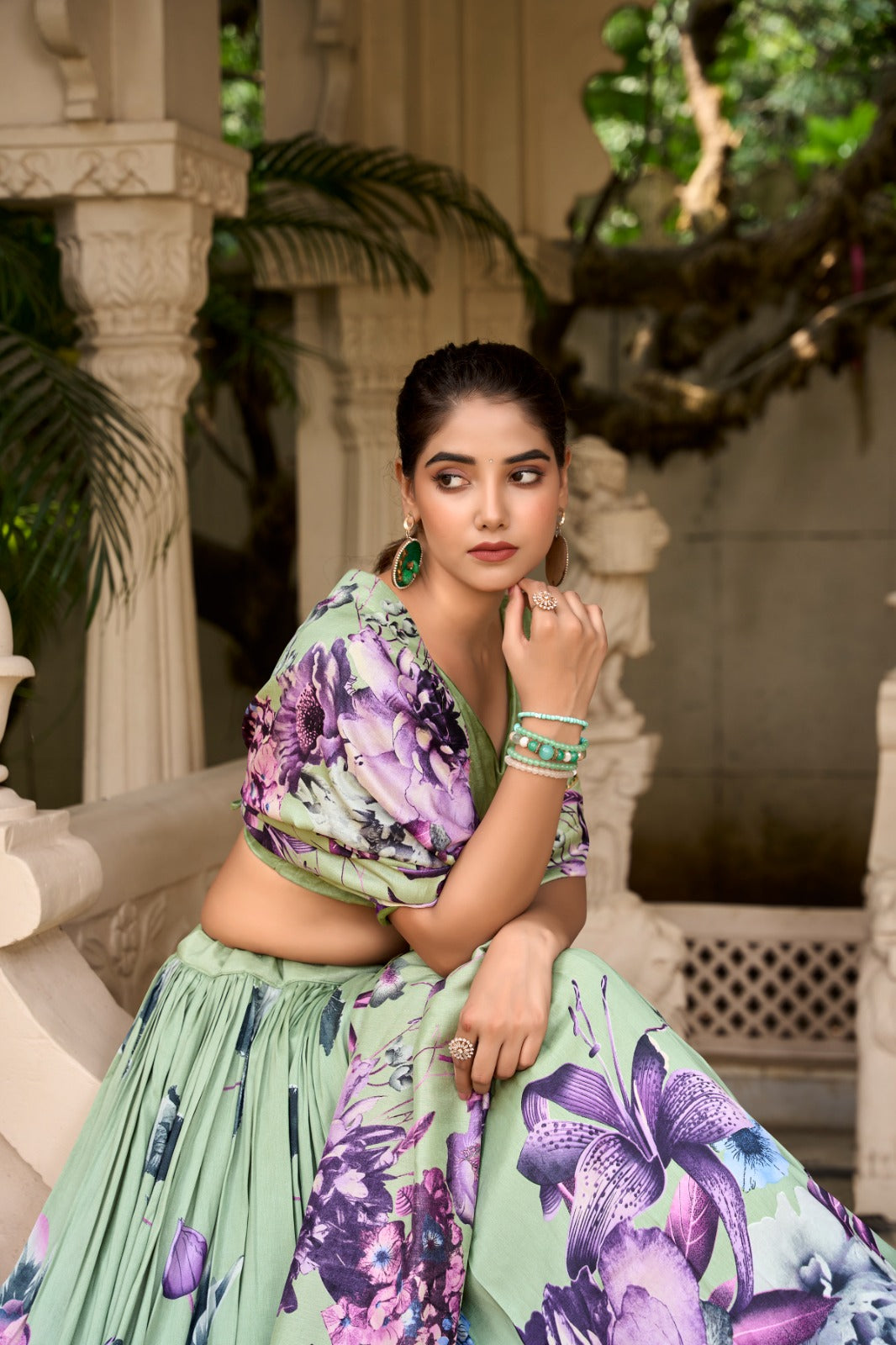 Stylish Tussar Silk Floral Digital Printed Lehenga Choli Set - Ethnicwish