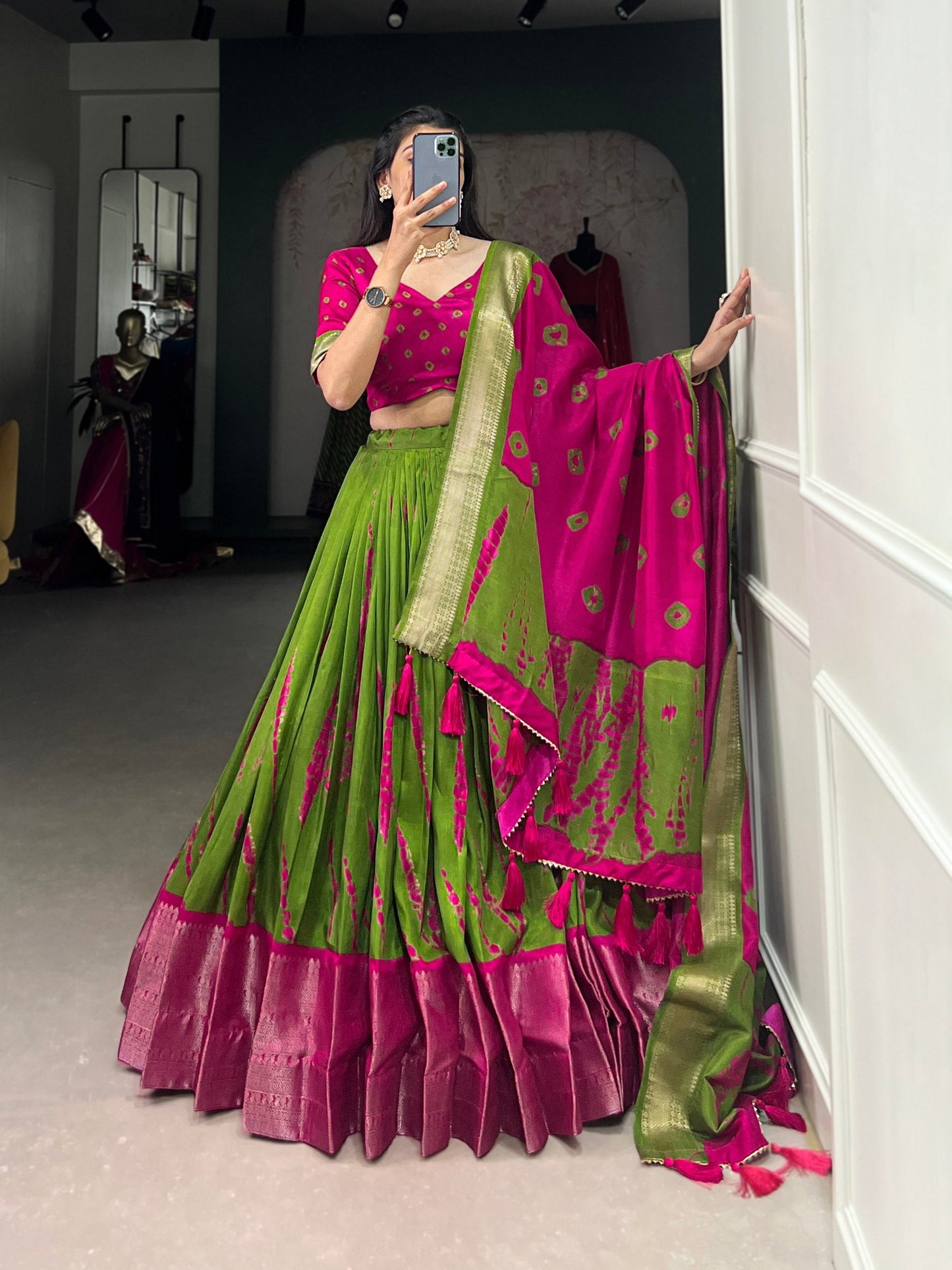 Magnificent Dola Silk Shibori Printed Zari Weaving Border Worked Lehenga Set - Ethnicwish
