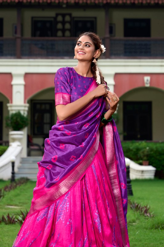 Magnificent Dola Silk Shibori Printed Zari Weaving Border Worked Lehenga Set - Ethnicwish