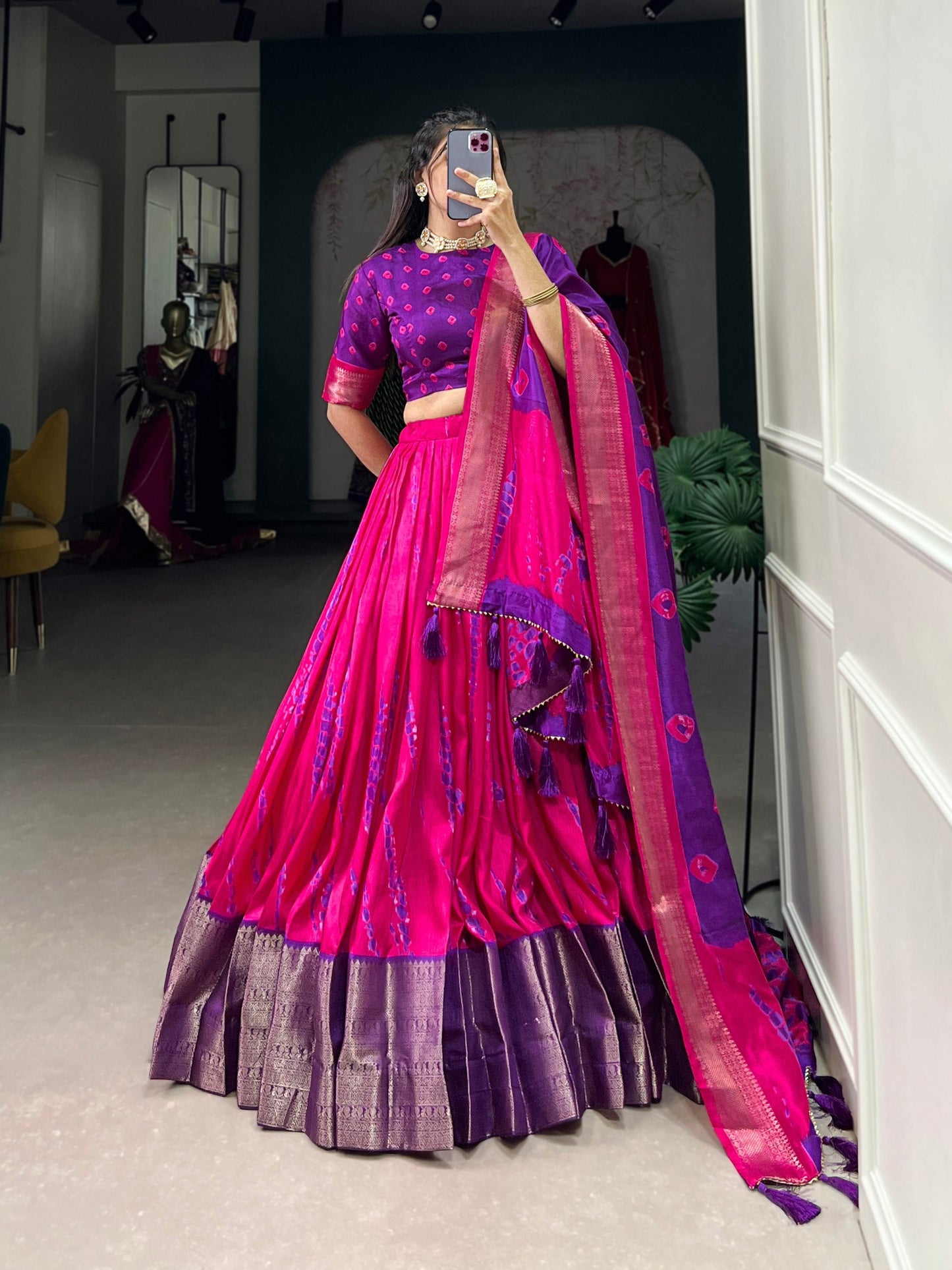 Magnificent Dola Silk Shibori Printed Zari Weaving Border Worked Lehenga Set - Ethnicwish