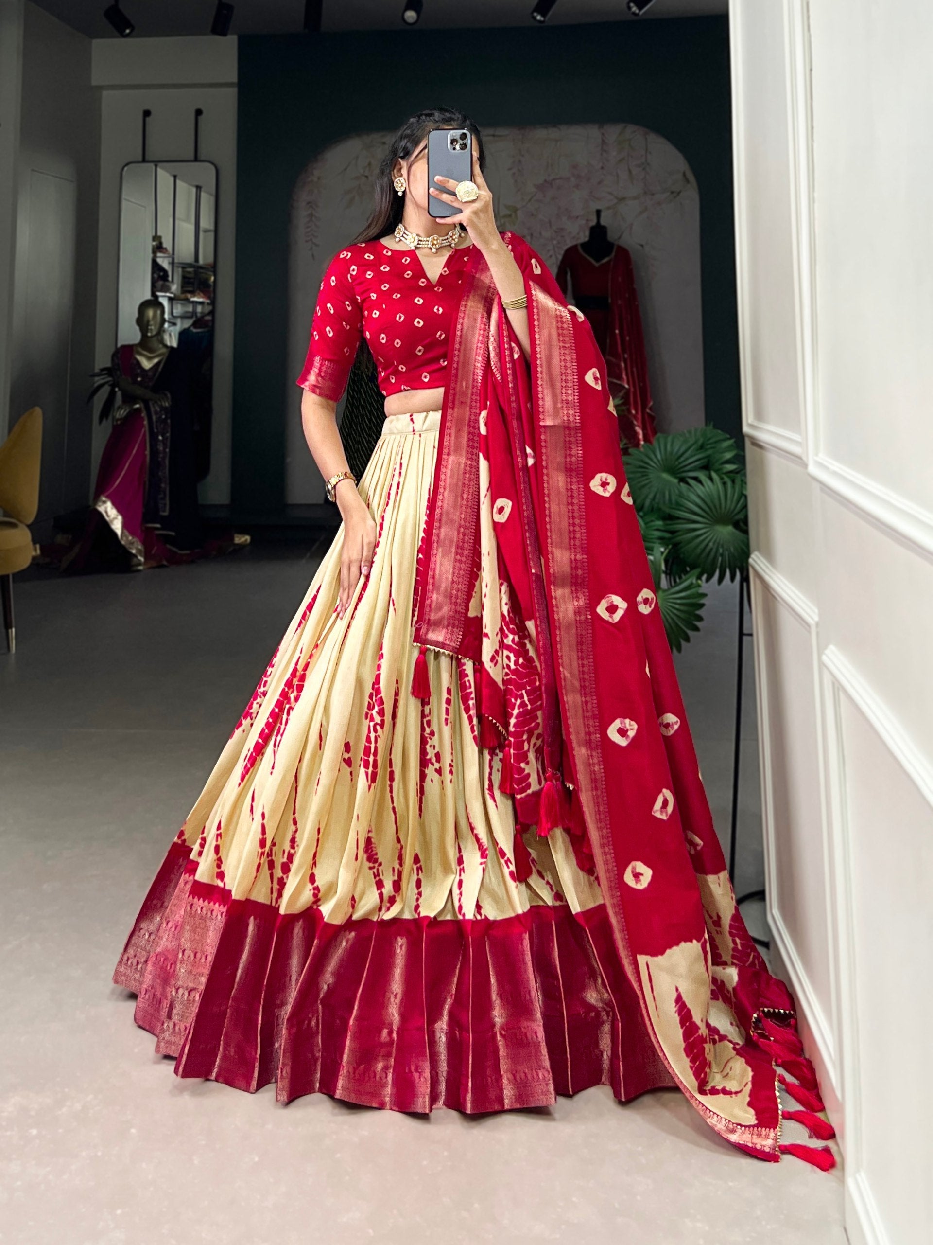 Magnificent Dola Silk Shibori Printed Zari Weaving Border Worked Lehenga Set - Ethnicwish