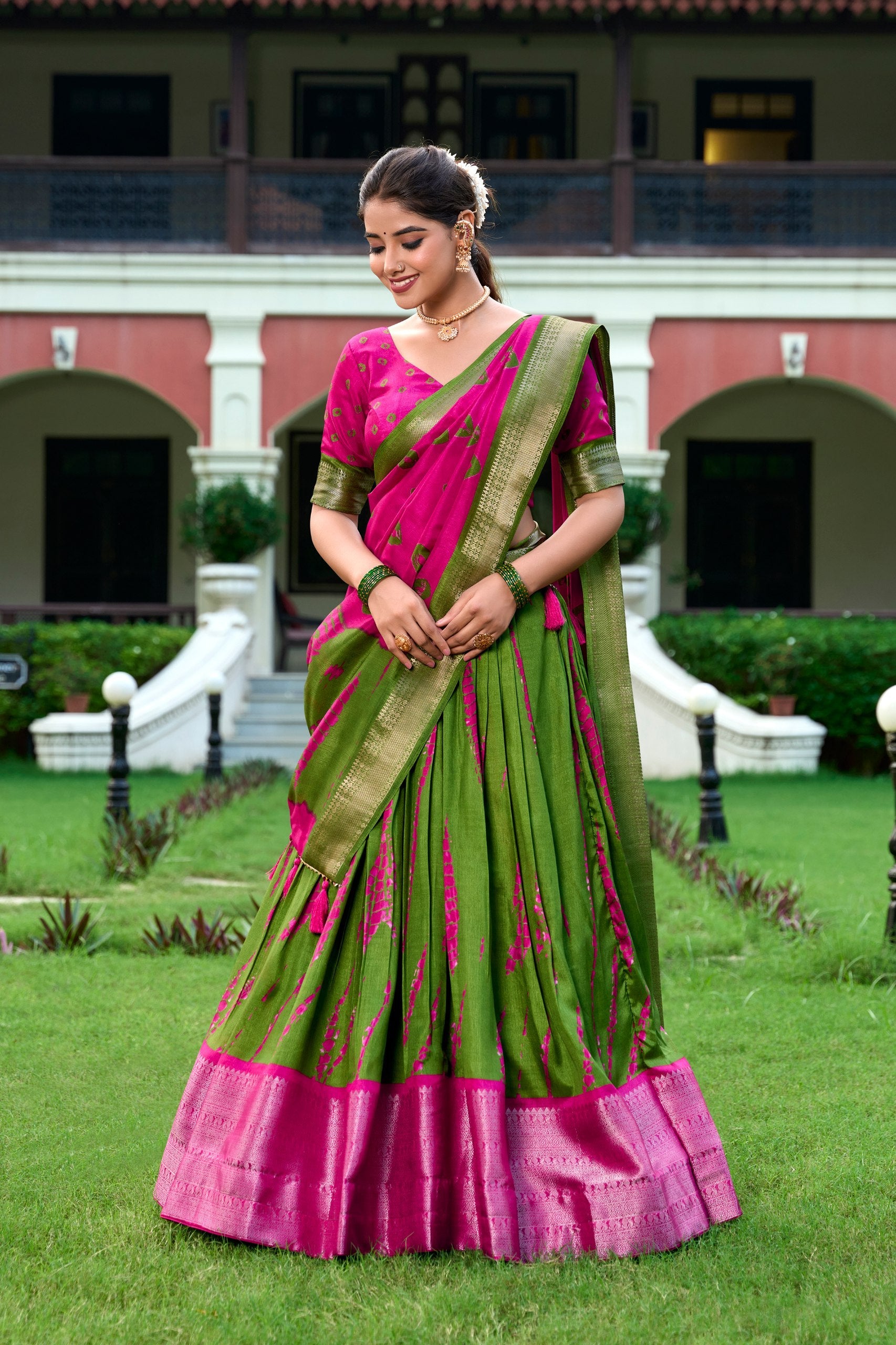 Magnificent Dola Silk Shibori Printed Zari Weaving Border Worked Lehenga Set - Ethnicwish