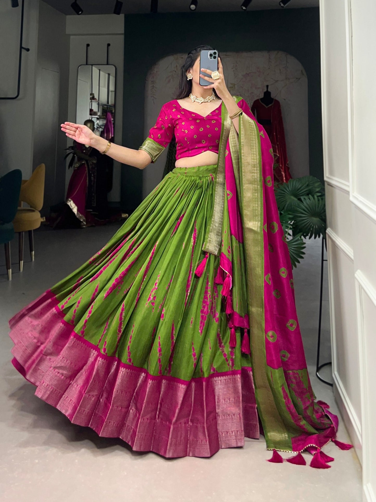 Magnificent Dola Silk Shibori Printed Zari Weaving Border Worked Lehenga Set - Ethnicwish