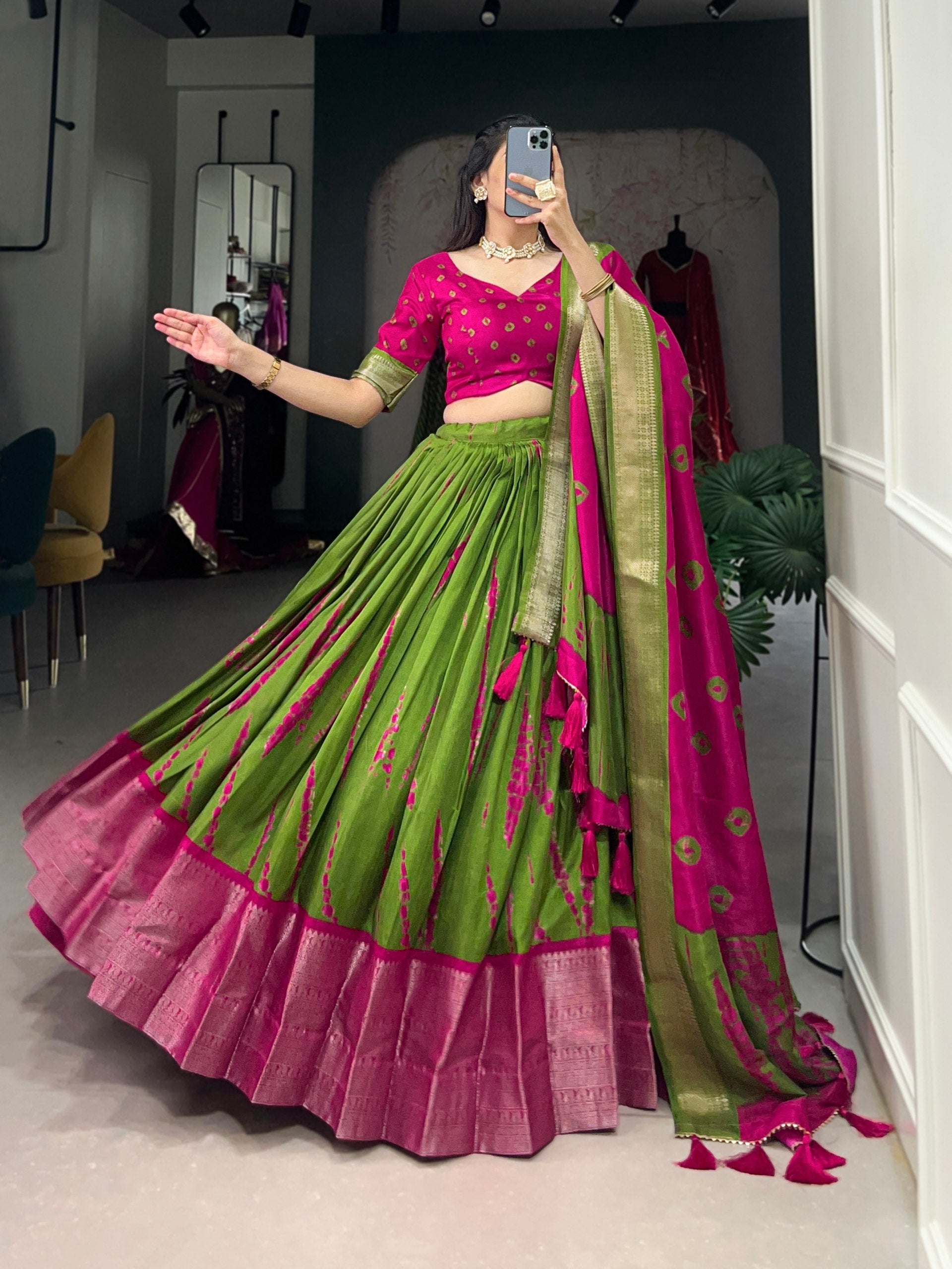 Magnificent Dola Silk Shibori Printed Zari Weaving Border Worked Lehenga Set - Ethnicwish