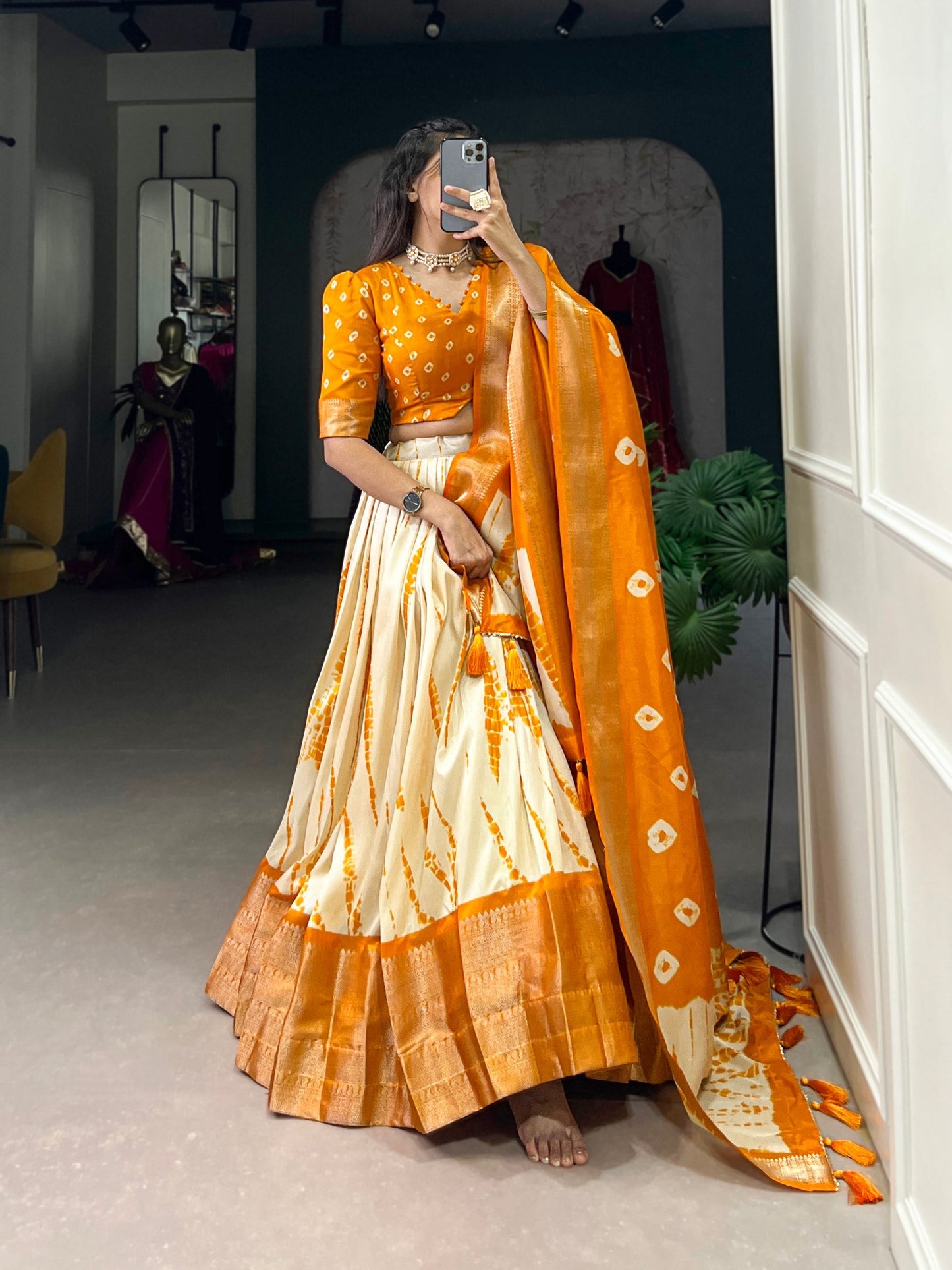 Magnificent Dola Silk Shibori Printed Zari Weaving Border Worked Lehenga Set - Ethnicwish