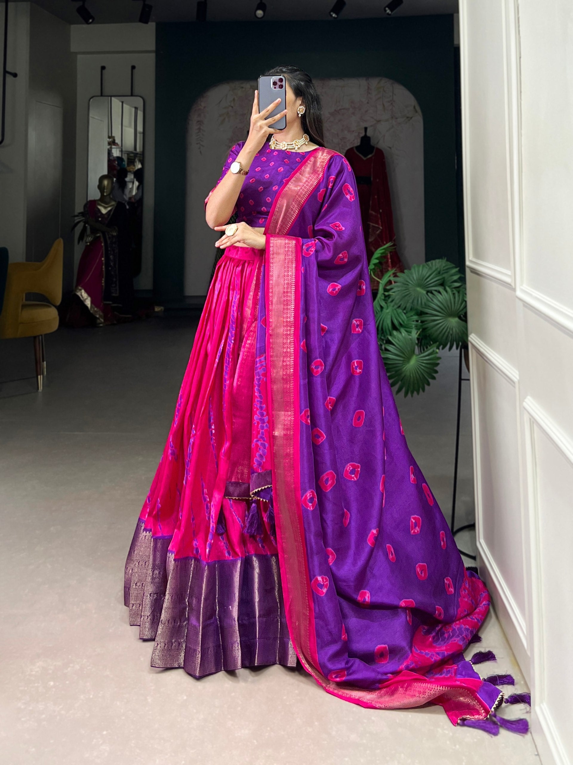 Magnificent Dola Silk Shibori Printed Zari Weaving Border Worked Lehenga Set - Ethnicwish