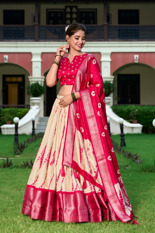 Magnificent Dola Silk Shibori Printed Zari Weaving Border Worked Lehenga Set - Ethnicwish