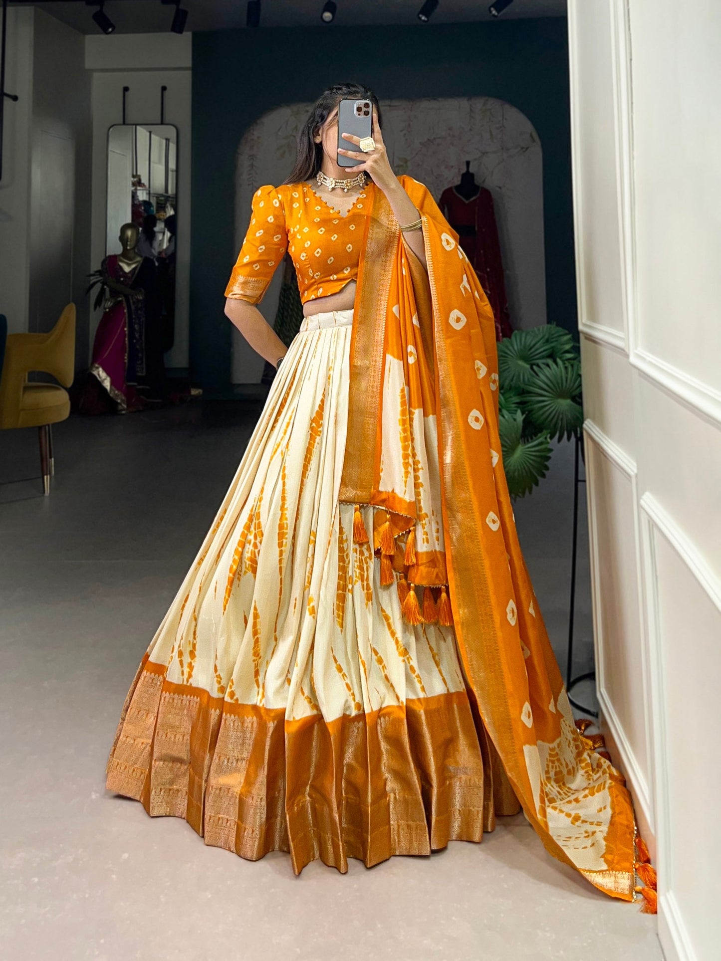 Magnificent Dola Silk Shibori Printed Zari Weaving Border Worked Lehenga Set - Ethnicwish